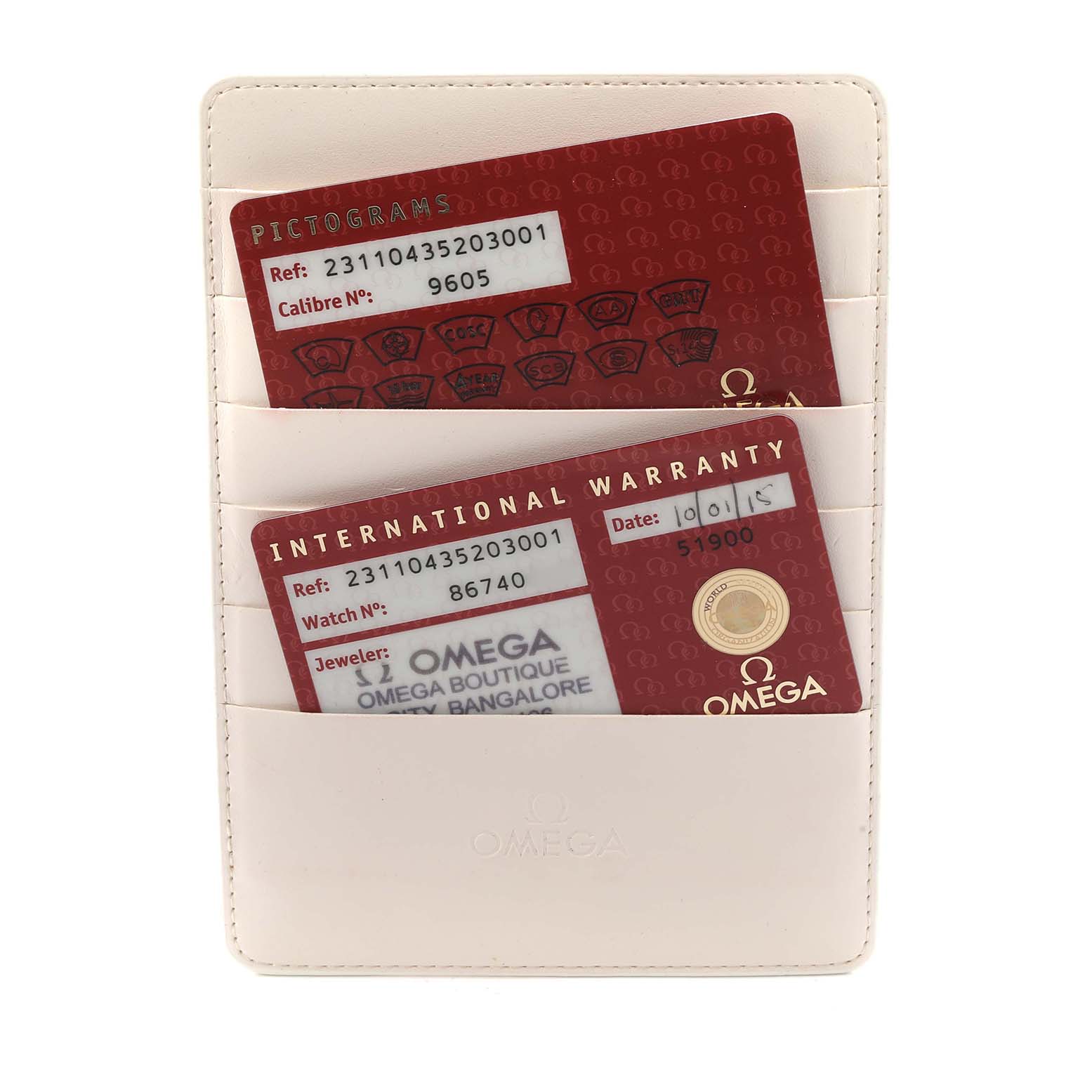 The image shows Omega Seamaster 231.10.43.52.03.001 Men
s Stainless Steel Blue Dial watch accessories, specifically two cards in a white card holder.