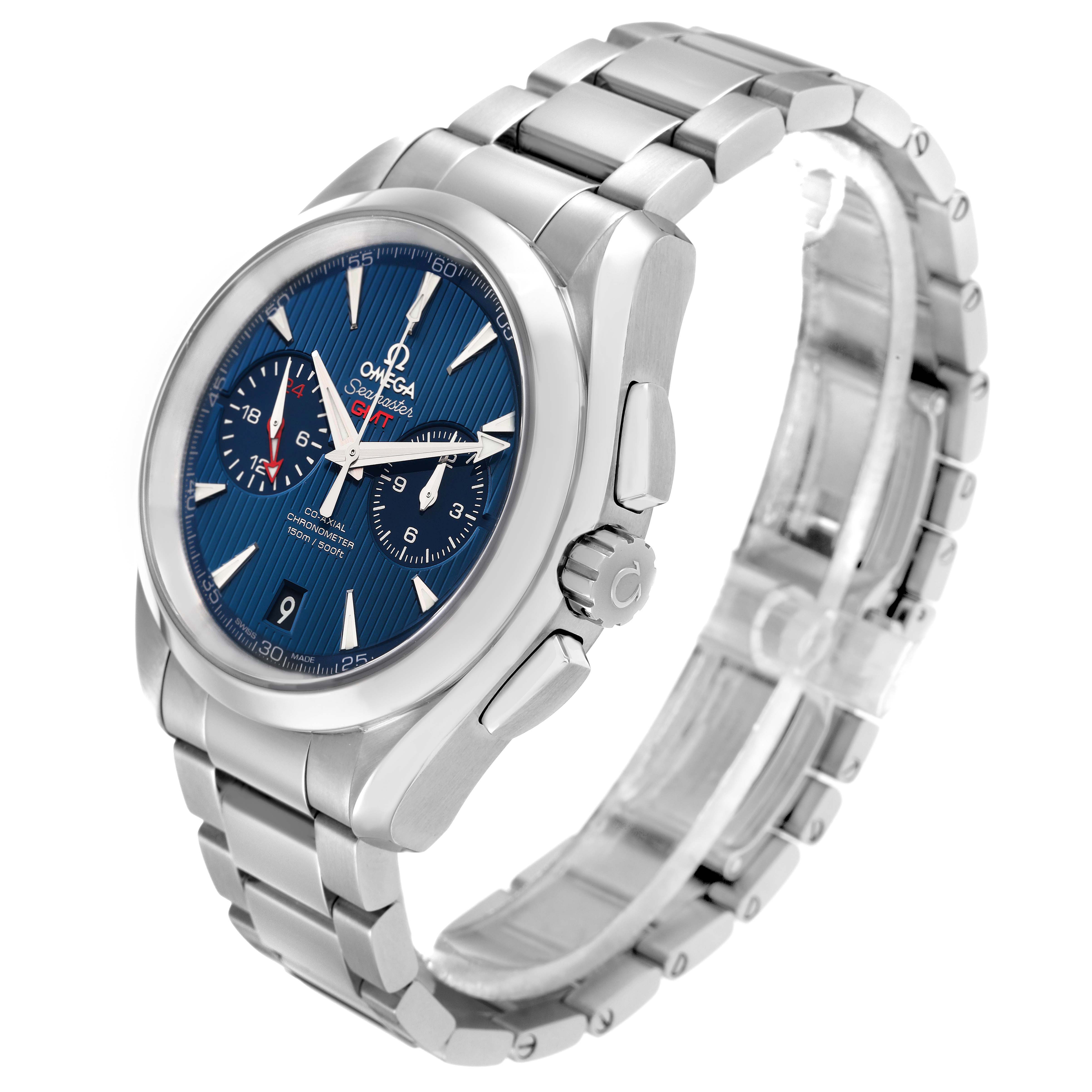 The Omega Seamaster 231.10.43.52.03.001 Men
s Stainless Steel Blue Dial is shown at an angled side view, highlighting the face, bezel, crown, and stainless steel bracelet.