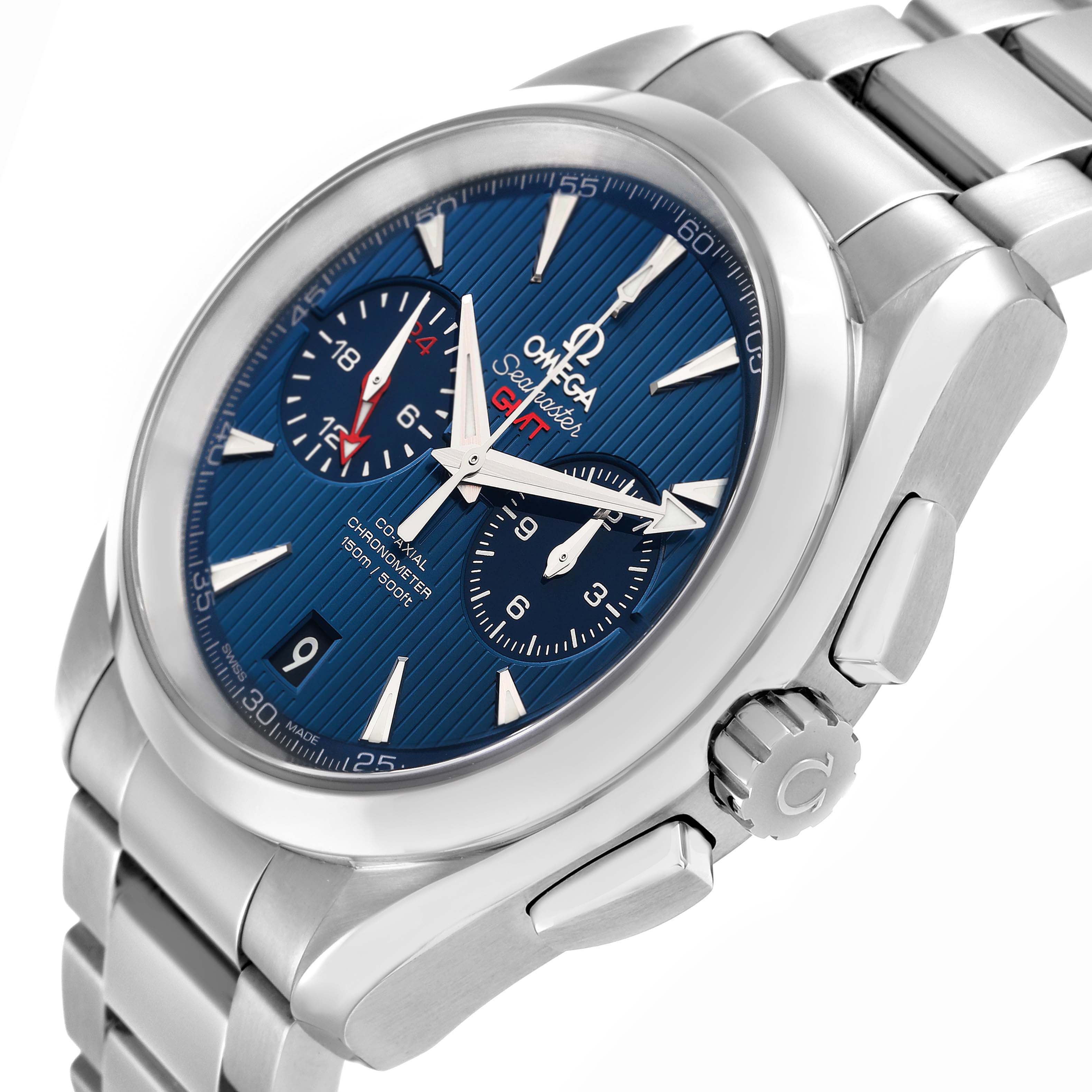 The Omega Seamaster 231.10.43.52.03.001 Men
s Stainless Steel Blue Dial watch is shown at an angle highlighting the blue dial, subdials, crown, and stainless steel bracelet.
