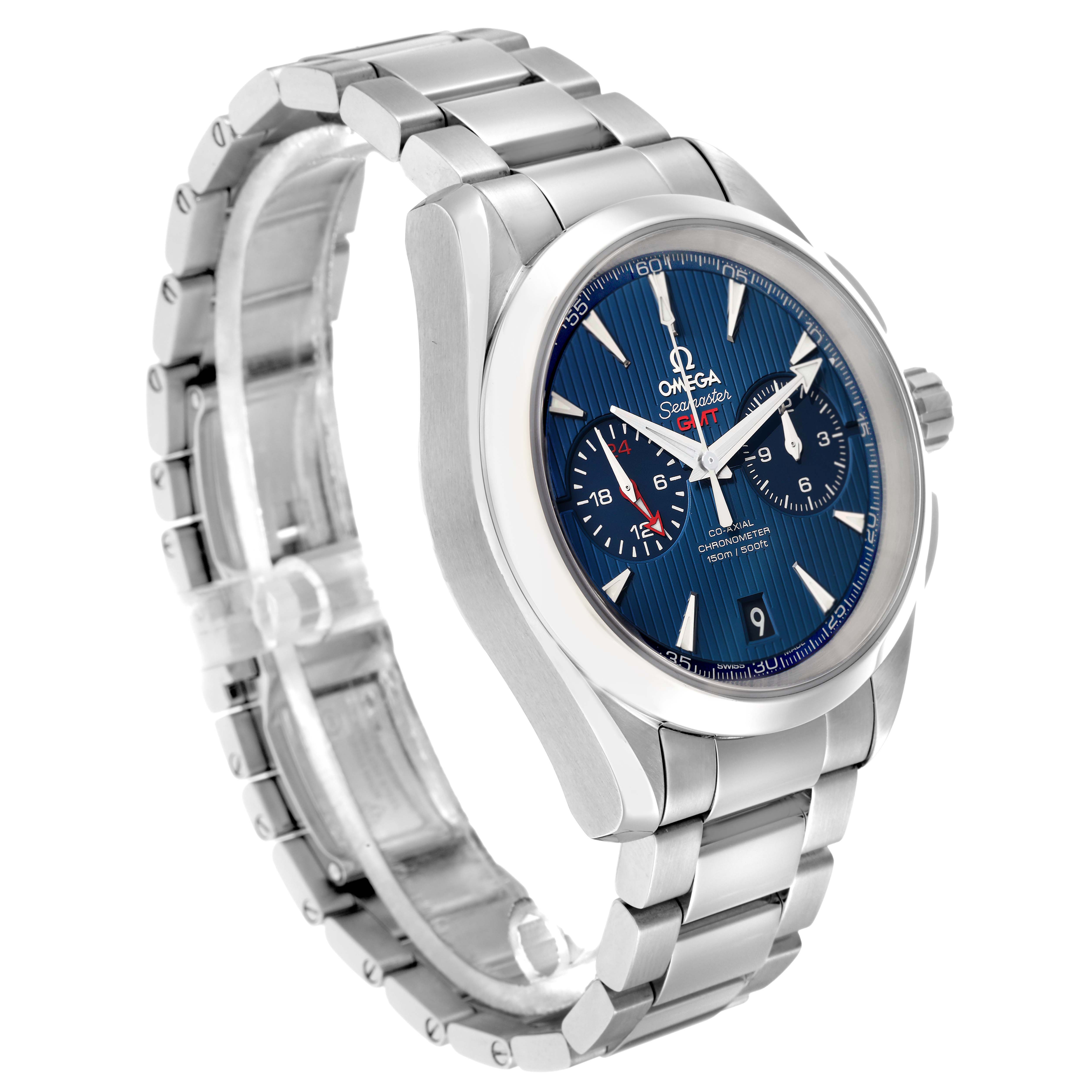 The Omega Seamaster 231.10.43.52.03.001 Men
s Stainless Steel Blue Dial watch is shown at a three-quarter angle, displaying its face, bezel, and bracelet.