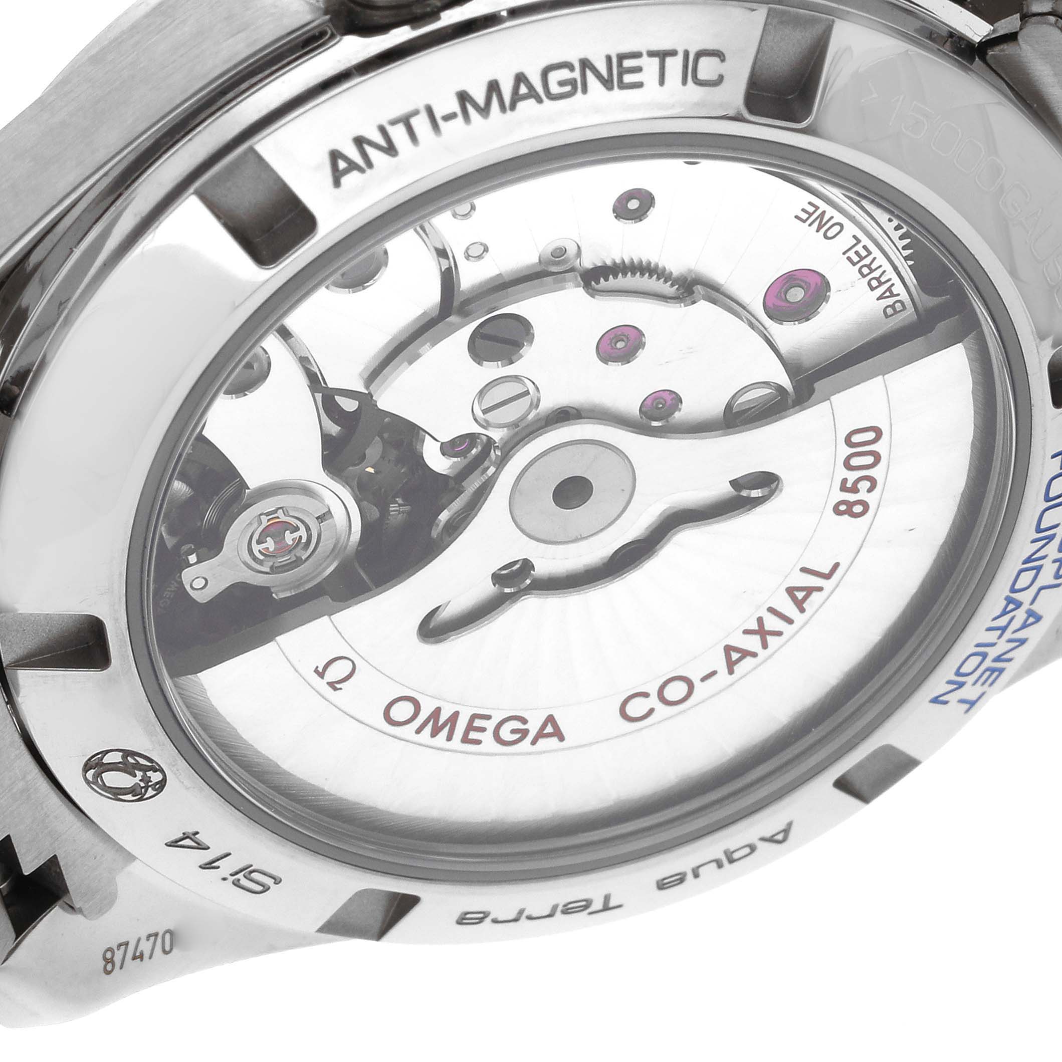 The image shows the back of the Omega Aqua Terra 231.90.39.21.04.001 Men's Stainless Steel White Dial 231.90.39.21.04.001 Men's Stainless Steel White Dial watch, highlighting its Co-Axial 8500 movement and anti-magnetic feature.