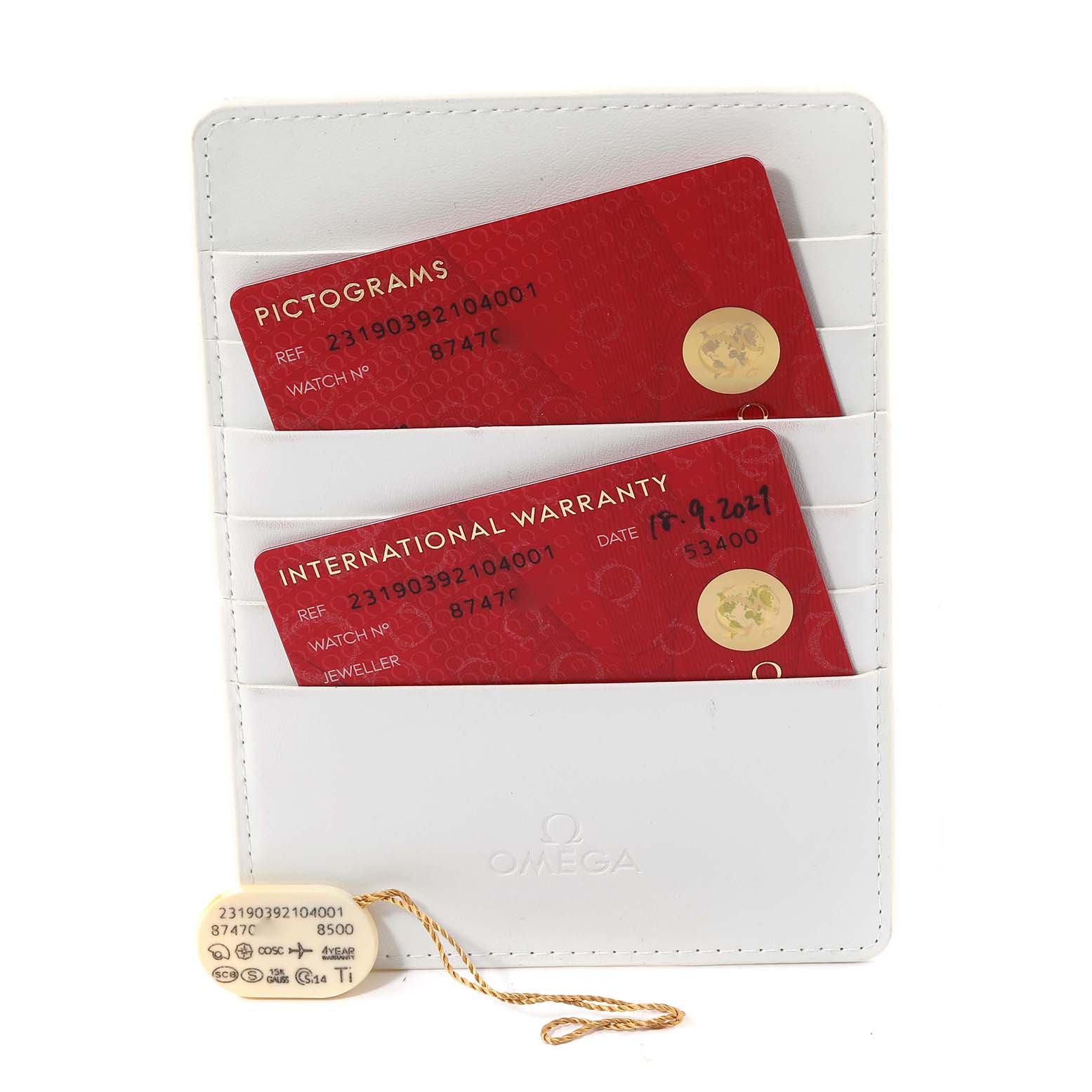 The image shows the warranty cards and tag for the Omega Aqua Terra 231.90.39.21.04.001 Men's Stainless Steel White Dial 231.90.39.21.04.001 Men's Stainless Steel White Dial watch model.