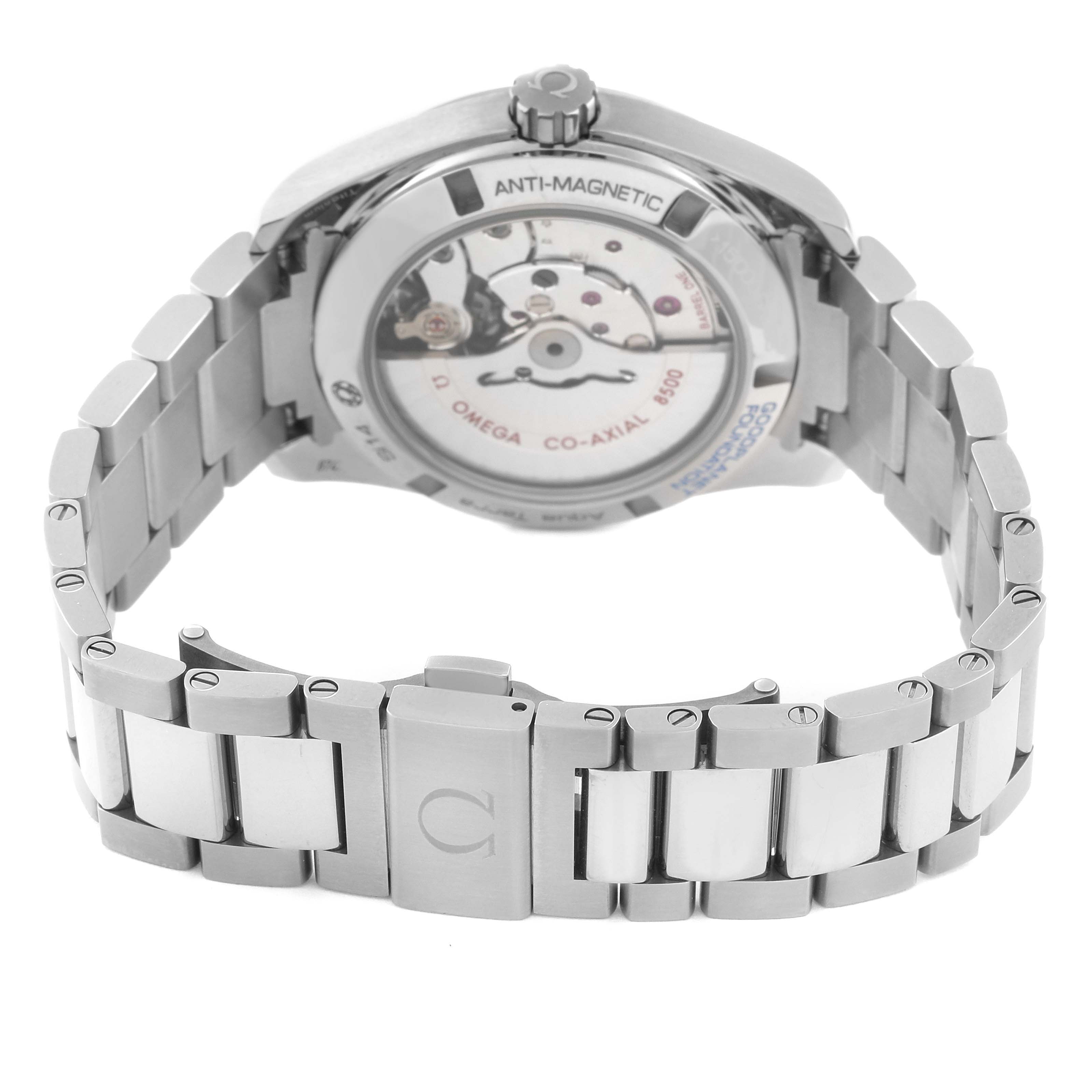 The image shows the back view of the Omega Aqua Terra 231.90.39.21.04.001 Men's Stainless Steel White Dial 231.90.39.21.04.001 Men's Stainless Steel White Dial watch, highlighting the anti-magnetic mechanism, co-axial movement, and bracelet.