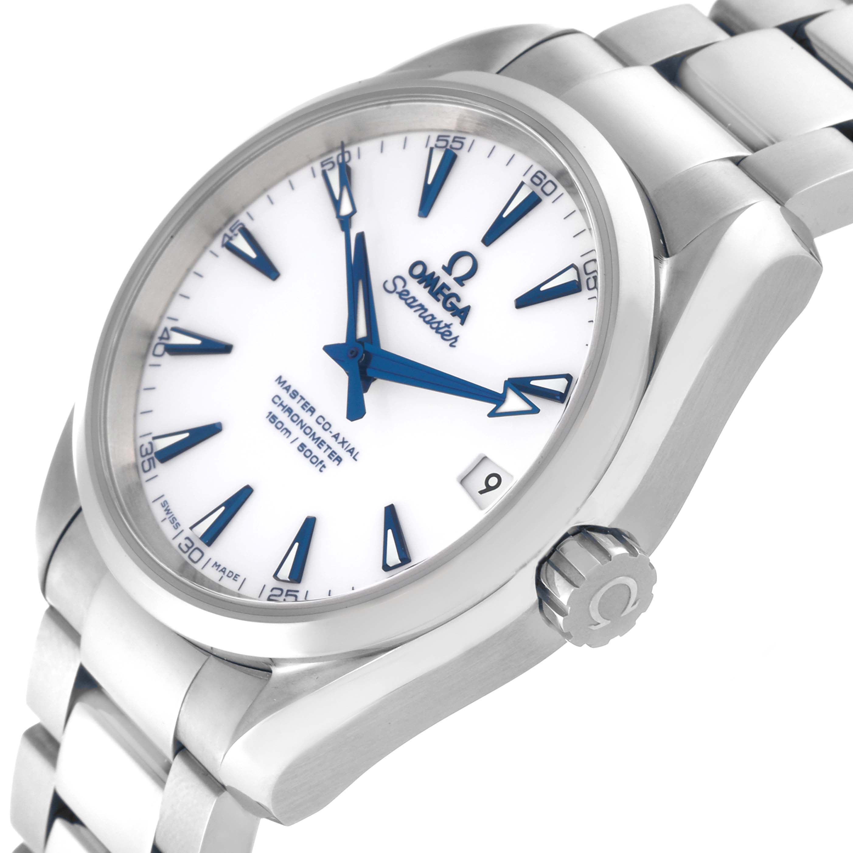 This Omega Aqua Terra 231.90.39.21.04.001 Men's Stainless Steel White Dial 231.90.39.21.04.001 Men's Stainless Steel White Dial watch is shown at an angled view displaying the face, crown, and part of the bracelet.