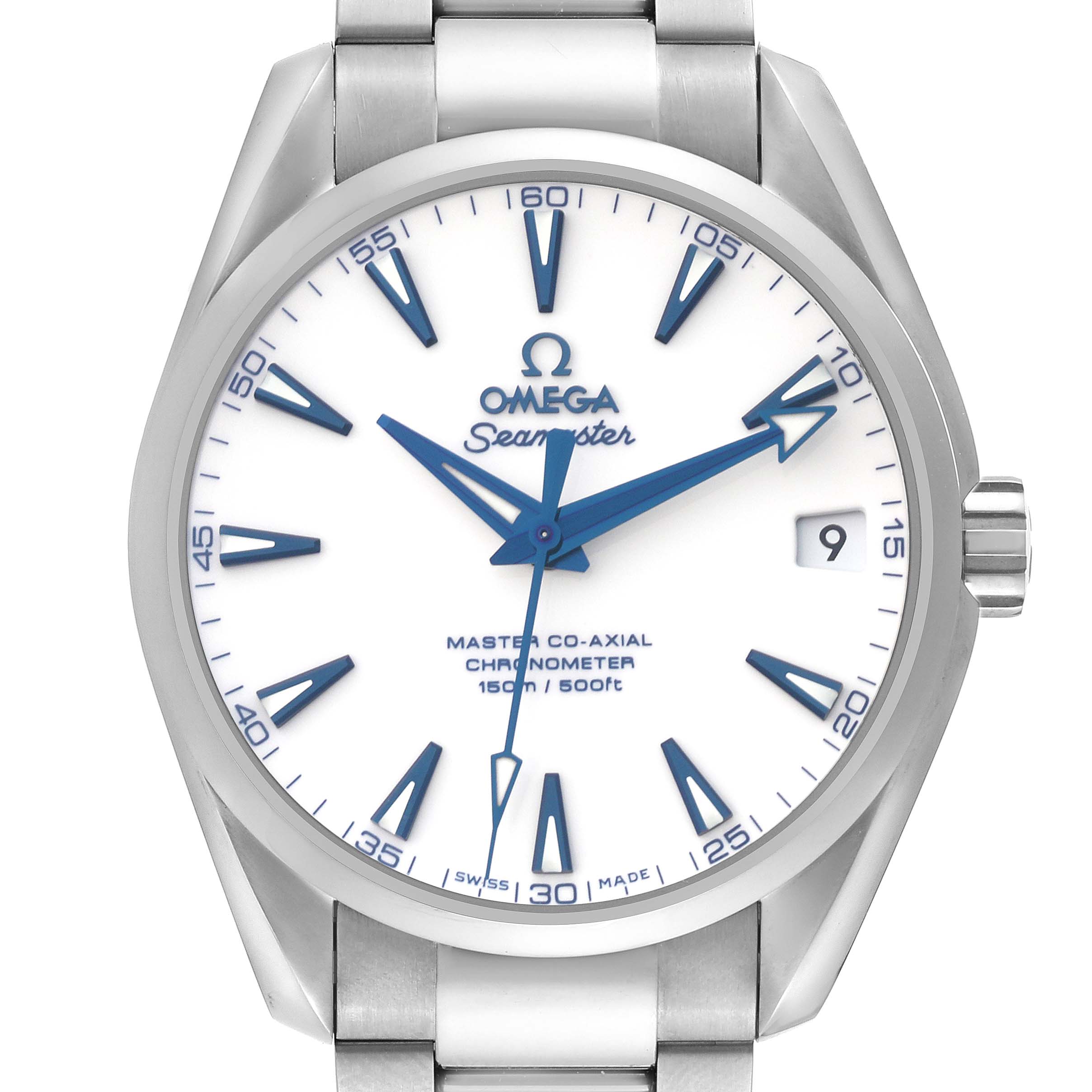 This image shows a frontal view of the Omega Aqua Terra 231.90.39.21.04.001 Men's Stainless Steel White Dial 231.90.39.21.04.001 Men's Stainless Steel White Dial watch, highlighting its dial, hands, and bracelet.