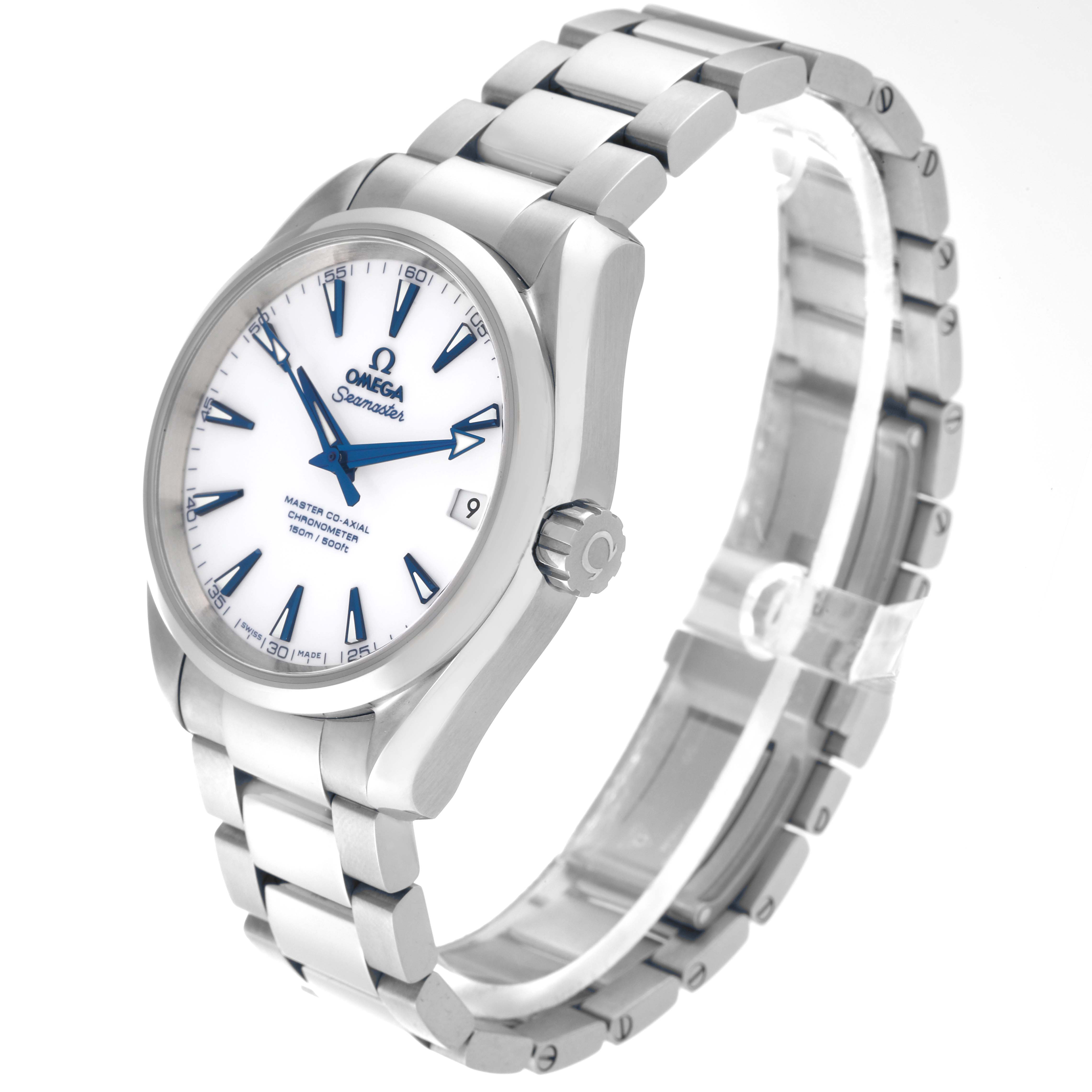 The Omega Aqua Terra 231.90.39.21.04.001 Men's Stainless Steel White Dial 231.90.39.21.04.001 Men's Stainless Steel White Dial watch is shown at a slight angle from the front, displaying the face, bezel, crown, and bracelet.