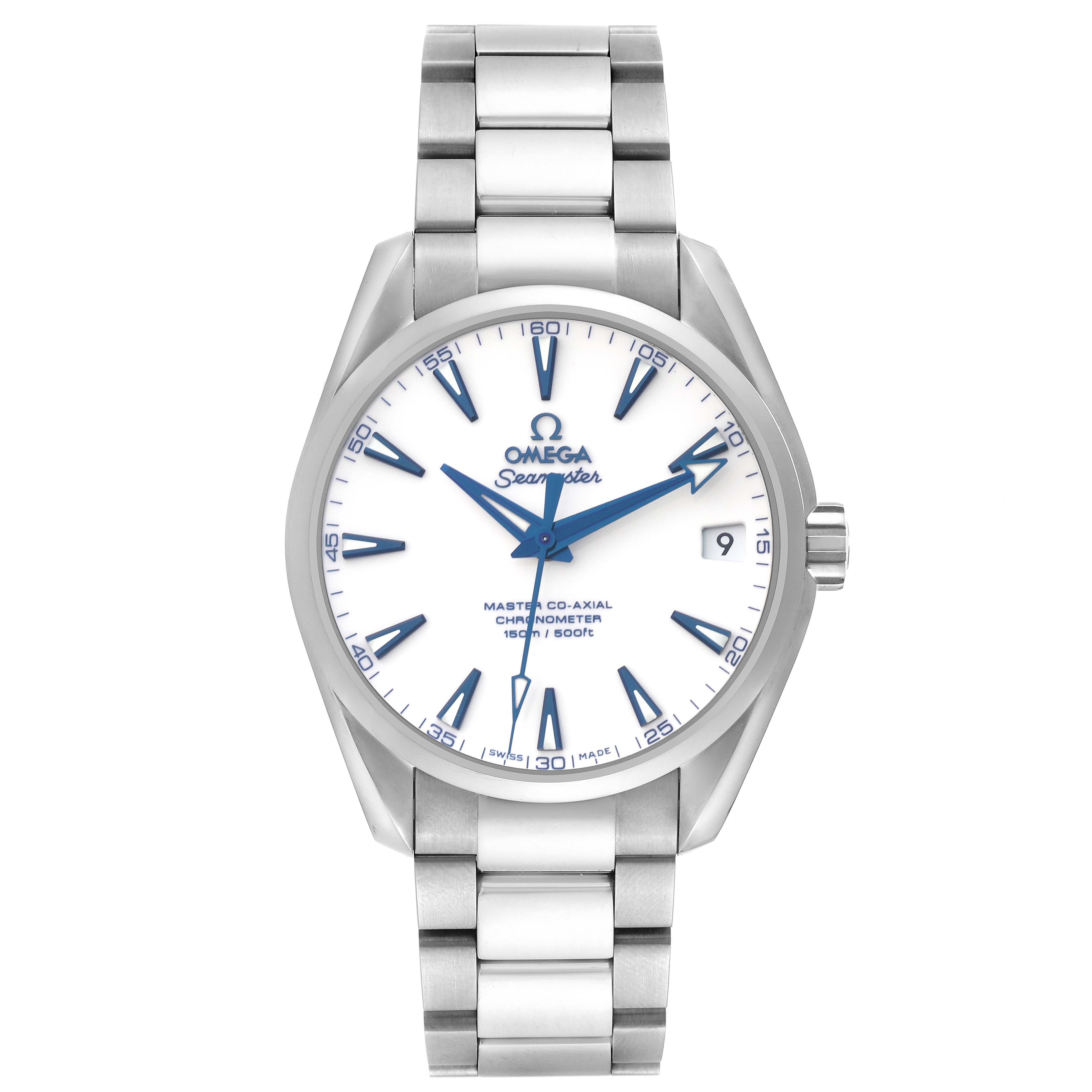 The Omega Aqua Terra 231.90.39.21.04.001 Men's Stainless Steel White Dial 231.90.39.21.04.001 Men's Stainless Steel White Dial watch is shown from a front angle, displaying the face, bezel, and bracelet.
