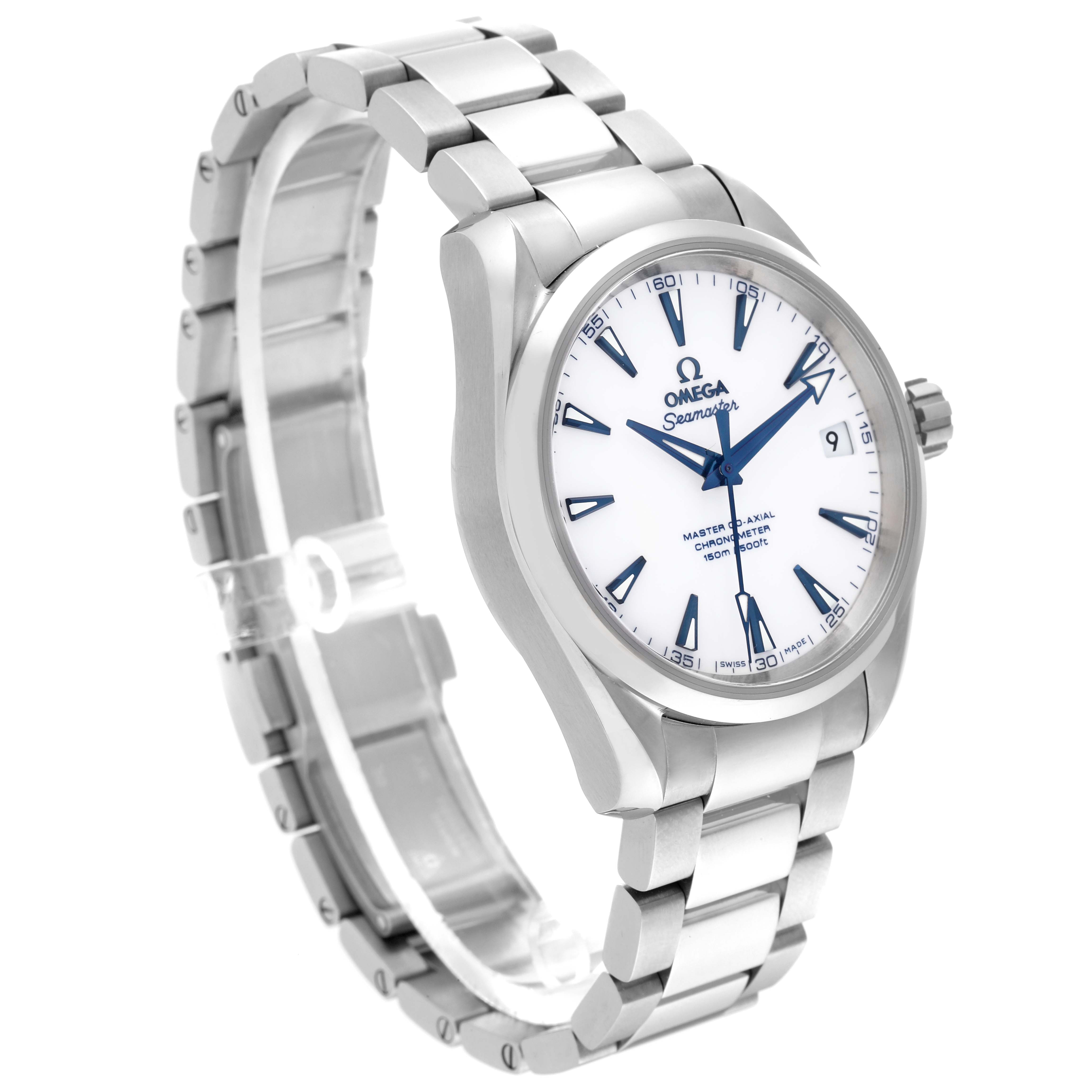 The Omega Aqua Terra 231.90.39.21.04.001 Men's Stainless Steel White Dial 231.90.39.21.04.001 Men's Stainless Steel White Dial watch is shown at a slight angle, displaying its face, bracelet, and crown.