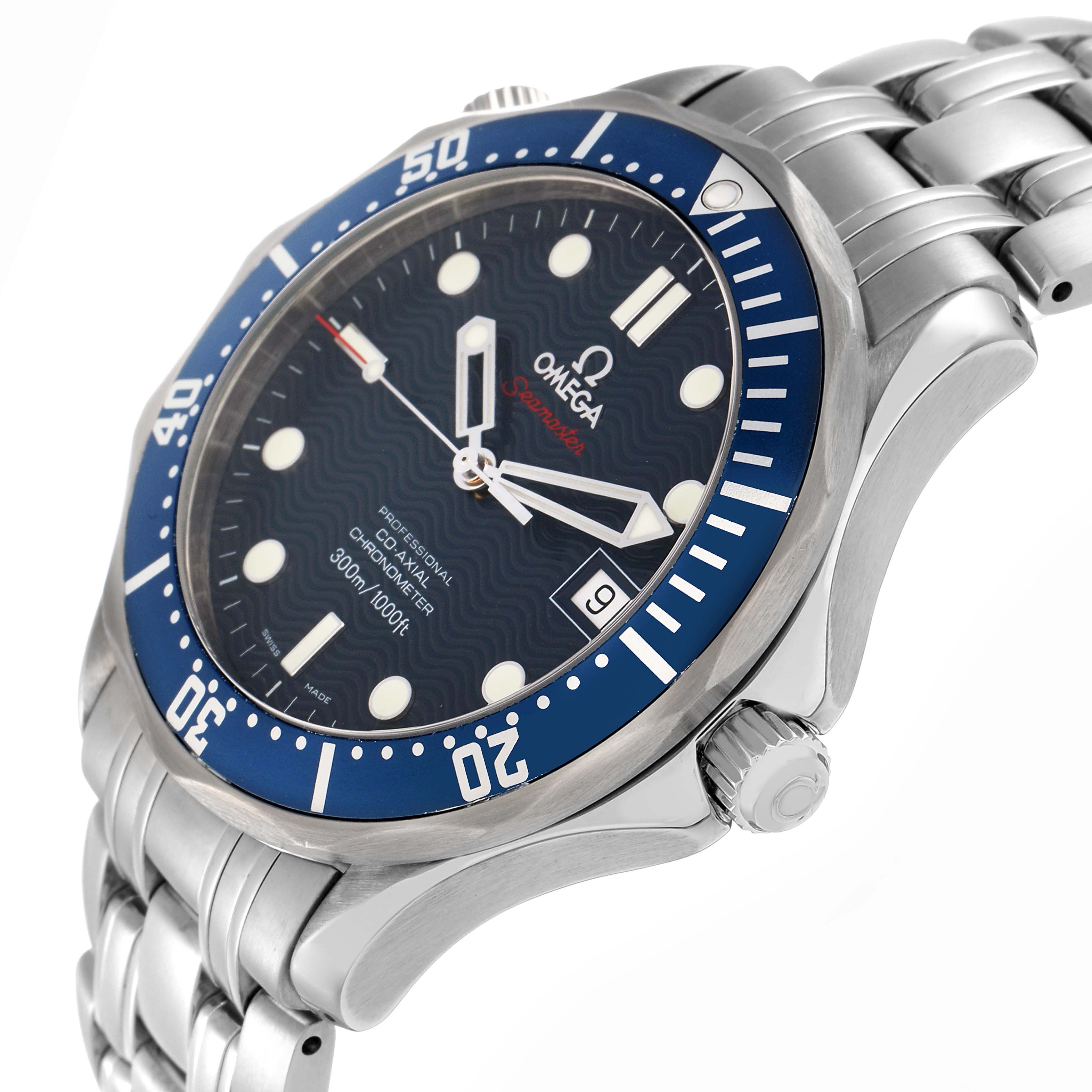 The Omega Seamaster 2220.80.00 Men
s Stainless Steel Blue Dial model is shown at an angled view, highlighting the dial, bezel, crown, and part of the bracelet.