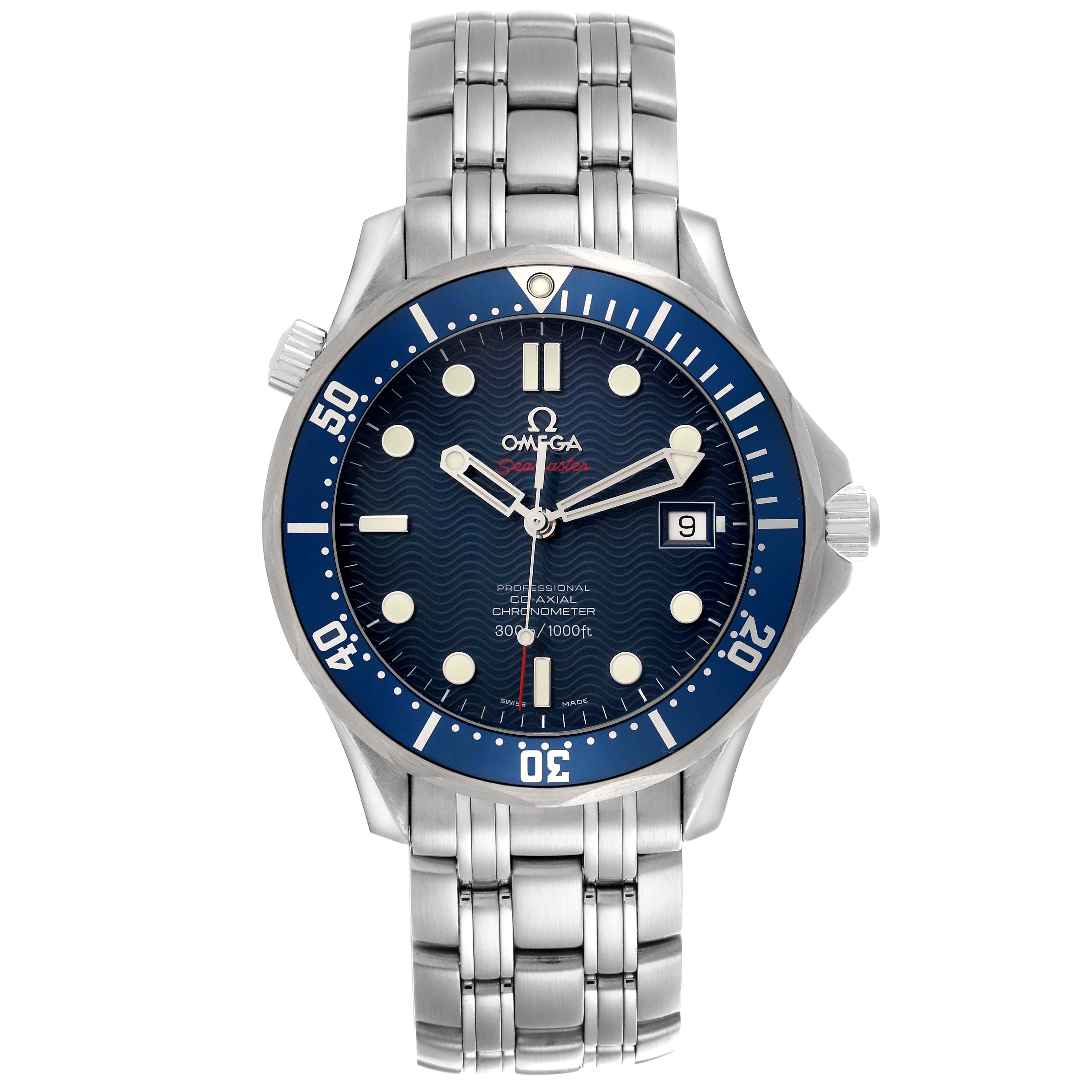 The Omega Seamaster 2220.80.00 Men
s Stainless Steel Blue Dial watch is shown from a front angle, highlighting the dial, bezel, bracelet, and crown.