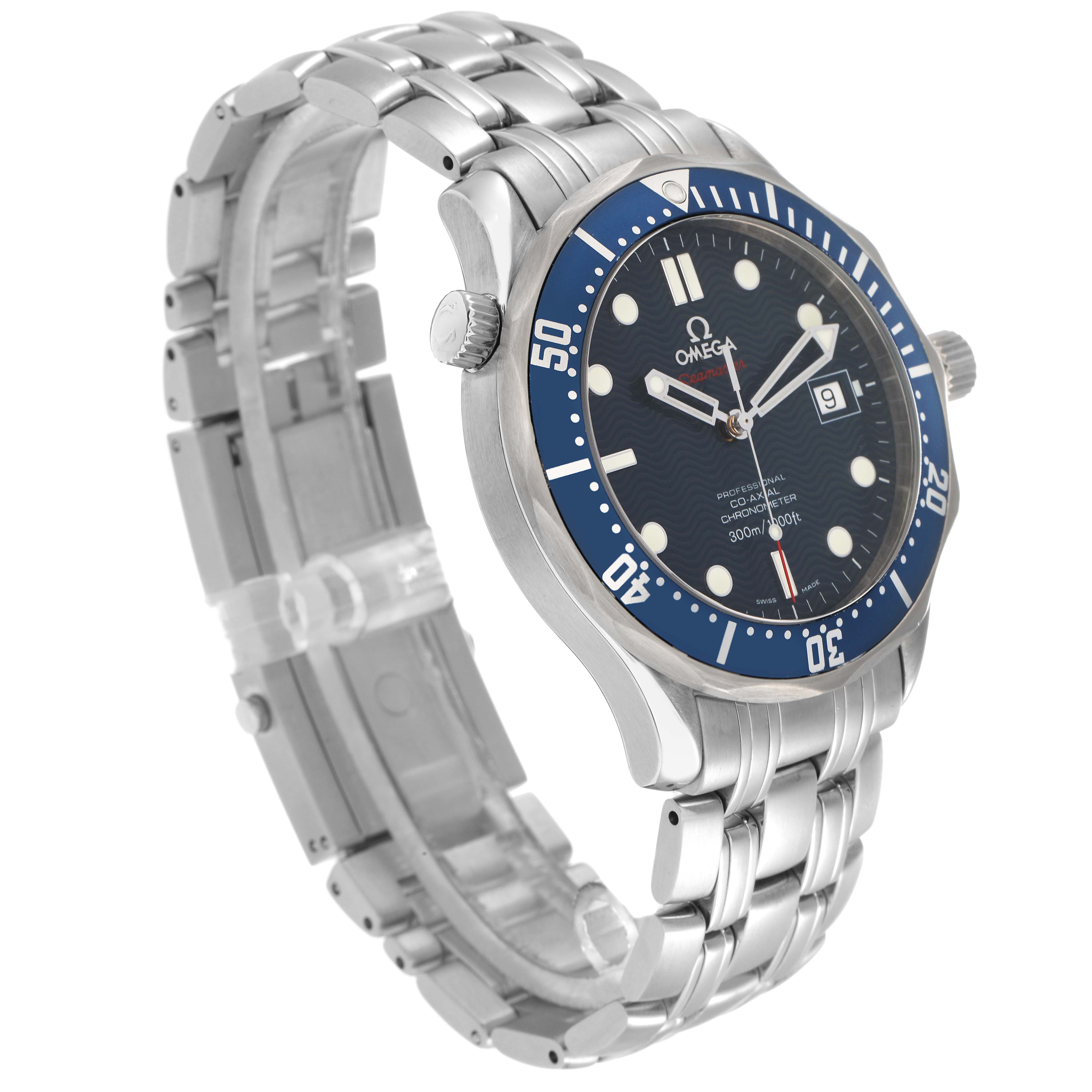 The Omega Seamaster 2220.80.00 Men
s Stainless Steel Blue Dial watch is shown at a three-quarter angle, highlighting the bracelet, bezel, crown, and dial.