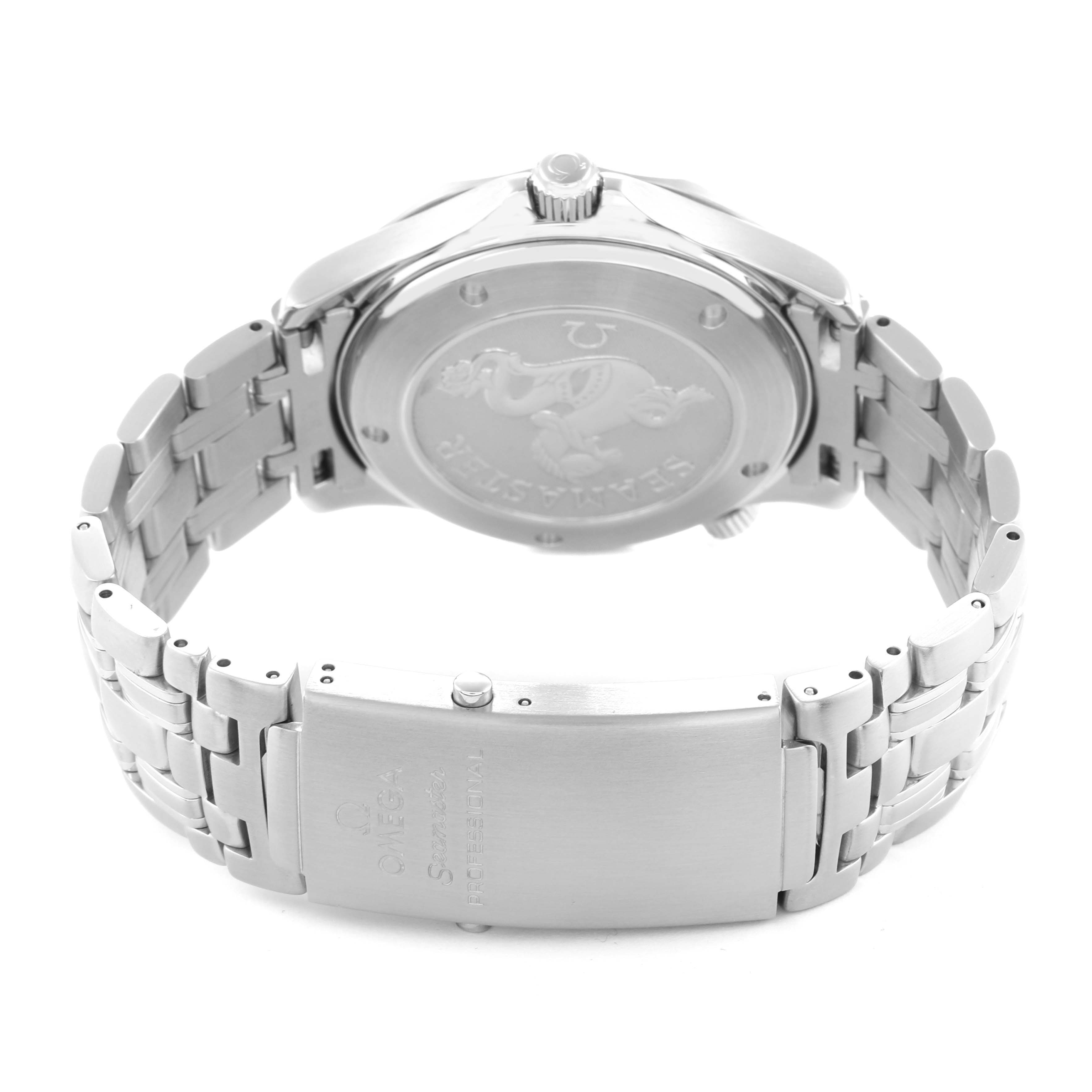 The image shows the back view of an Omega Seamaster 2220.80.00 Men
s Stainless Steel Blue Dial, highlighting its bracelet and engraved case back.