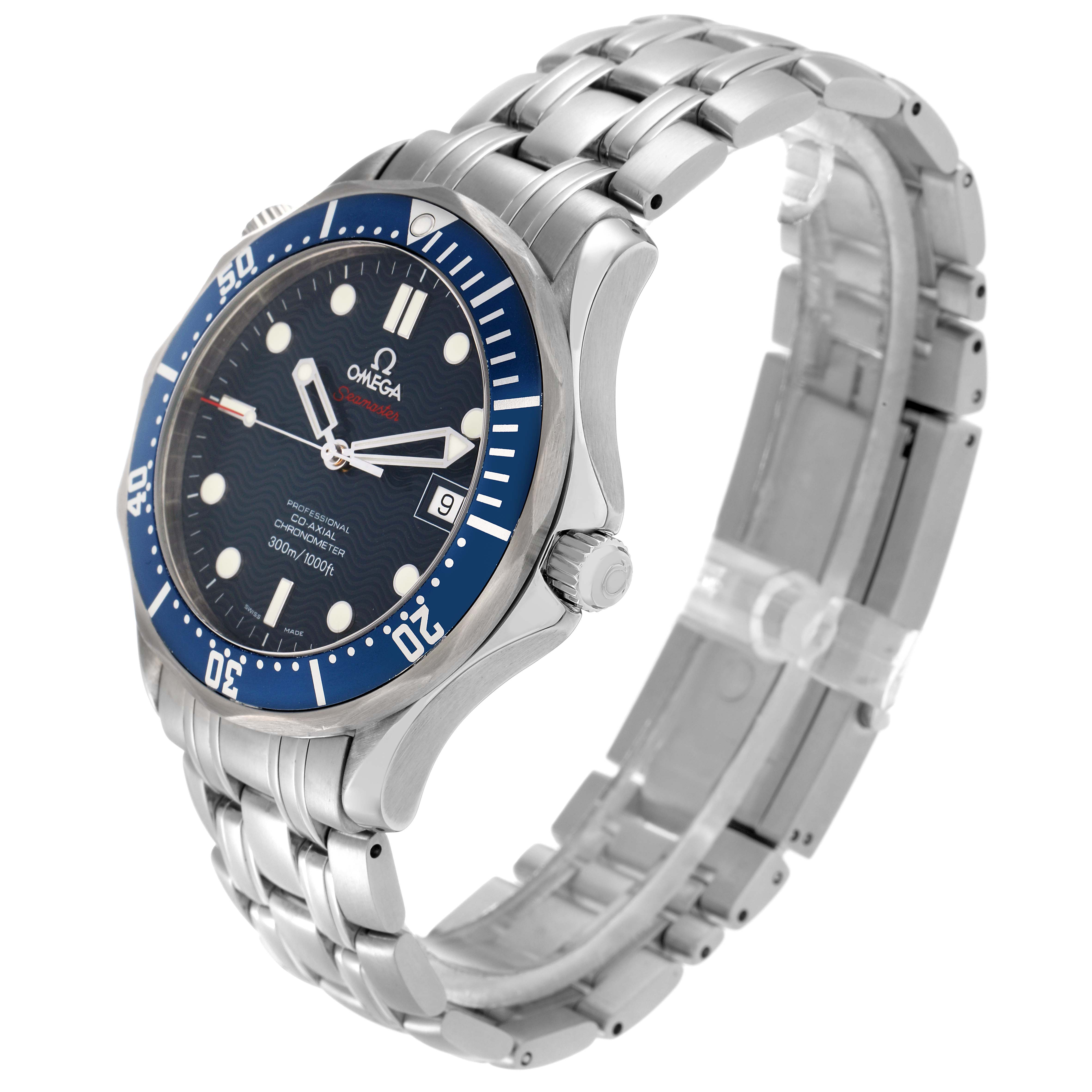 The Omega Seamaster 2220.80.00 Men
s Stainless Steel Blue Dial is shown at a three-quarter angle, highlighting the face, bezel, crown, and bracelet.