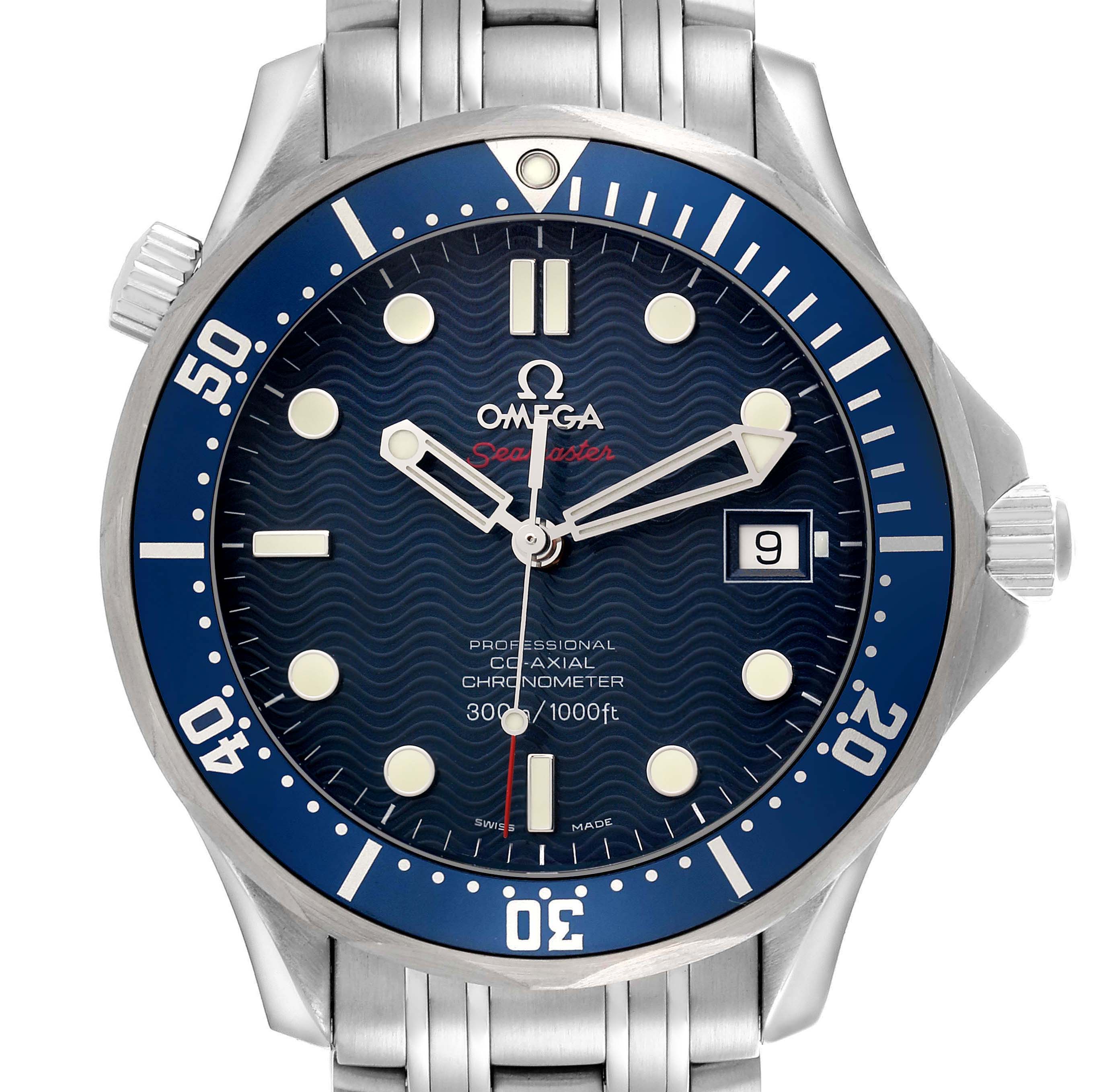 The image shows a front view of the Omega Seamaster 2220.80.00 Men
s Stainless Steel Blue Dial watch, highlighting the dial, bezel, crown, and bracelet.