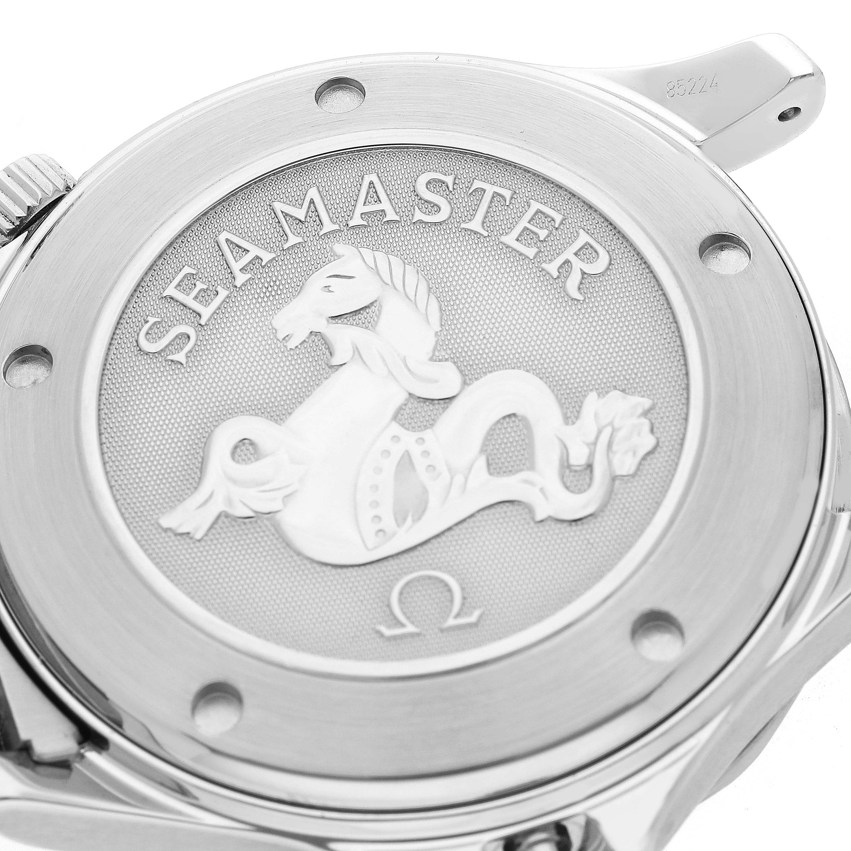 The image shows the engraved case back of the Omega Seamaster 2220.80.00 Men
s Stainless Steel Blue Dial watch, featuring a seahorse design.