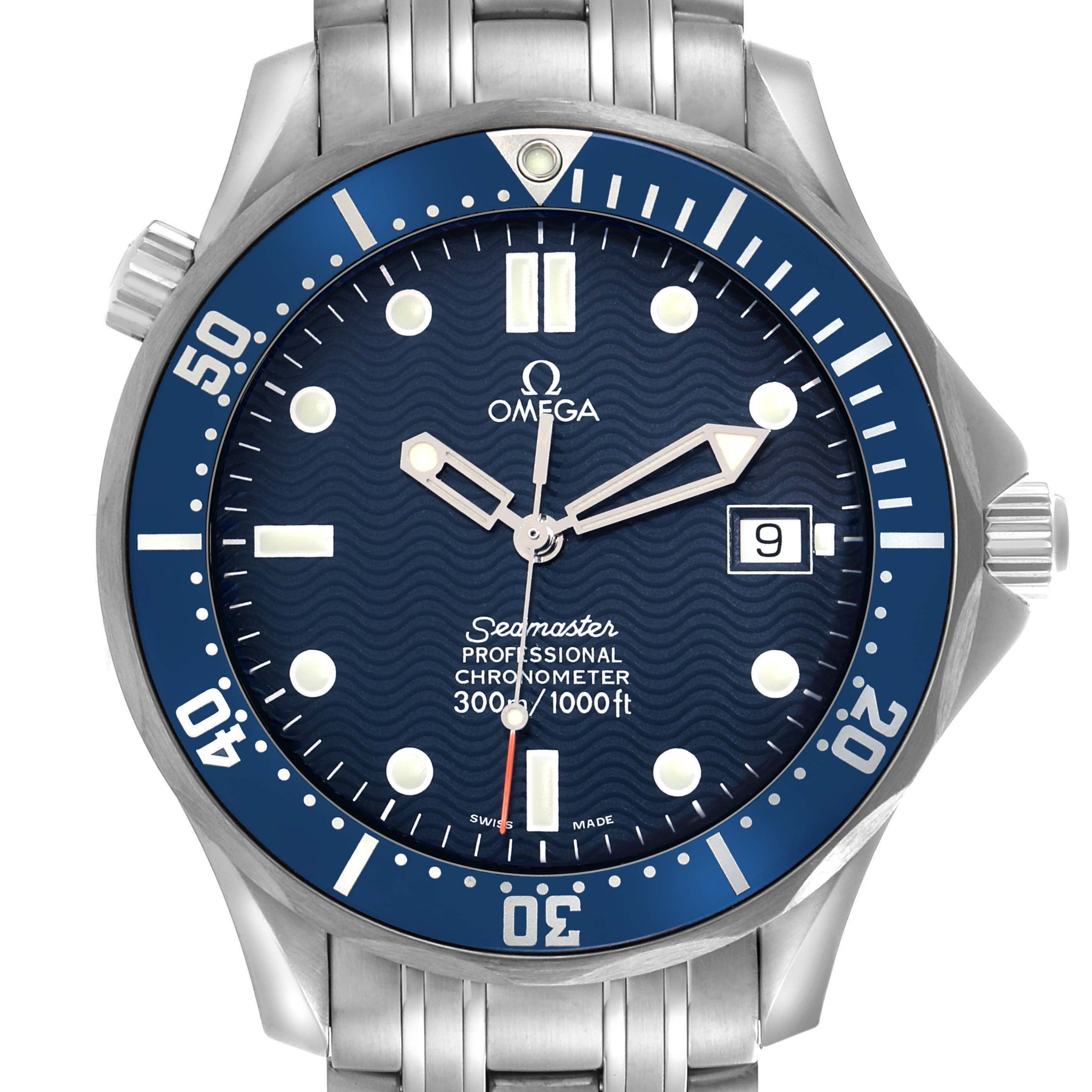 The Omega Seamaster 2531.80.00 Men
s Stainless Steel Blue Dial watch is shown from the front, displaying the dial, bezel, crown, and part of the bracelet.