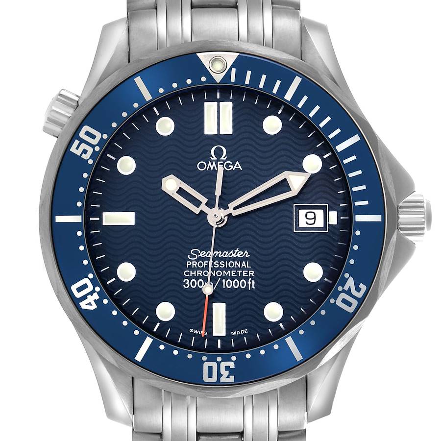 The Omega Seamaster 2531.80.00 Men's Stainless Steel Blue Dial watch is shown from the front, displaying the dial, bezel, crown, and part of the bracelet.