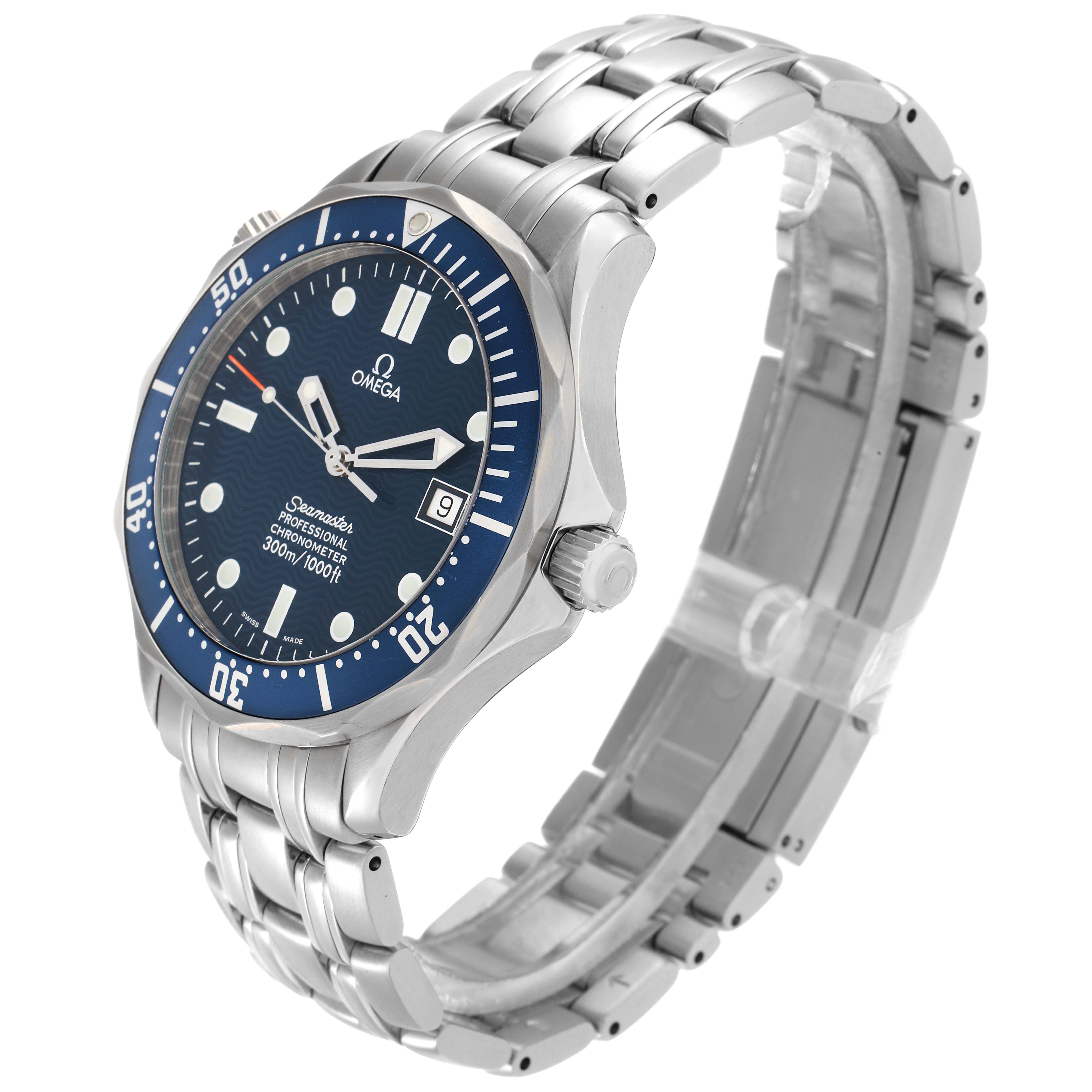 The Omega Seamaster 2531.80.00 Men
s Stainless Steel Blue Dial watch is shown at an angled side view, displaying the face, bezel, crown, and metal bracelet clearly.