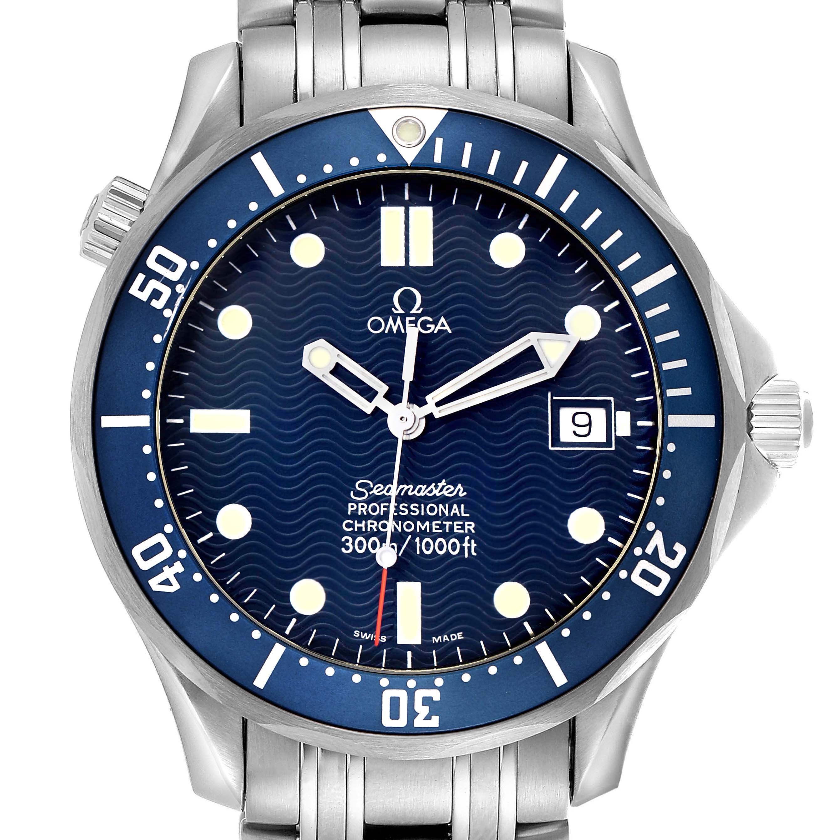 The Omega Seamaster 2531.80.00 Men
s Stainless Steel Blue Dial watch is shown from a front view, highlighting the dial, bezel, and part of the bracelet.