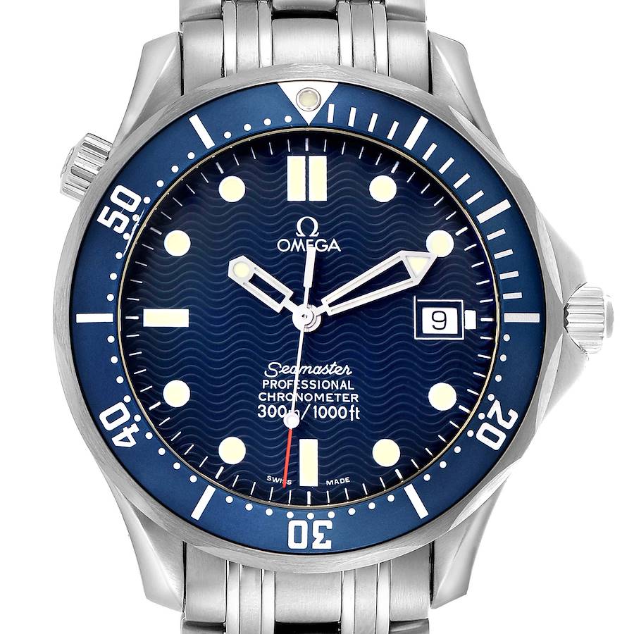 The Omega Seamaster 2531.80.00 Men's Stainless Steel Blue Dial watch is shown from a front view, highlighting the dial, bezel, and part of the bracelet.
