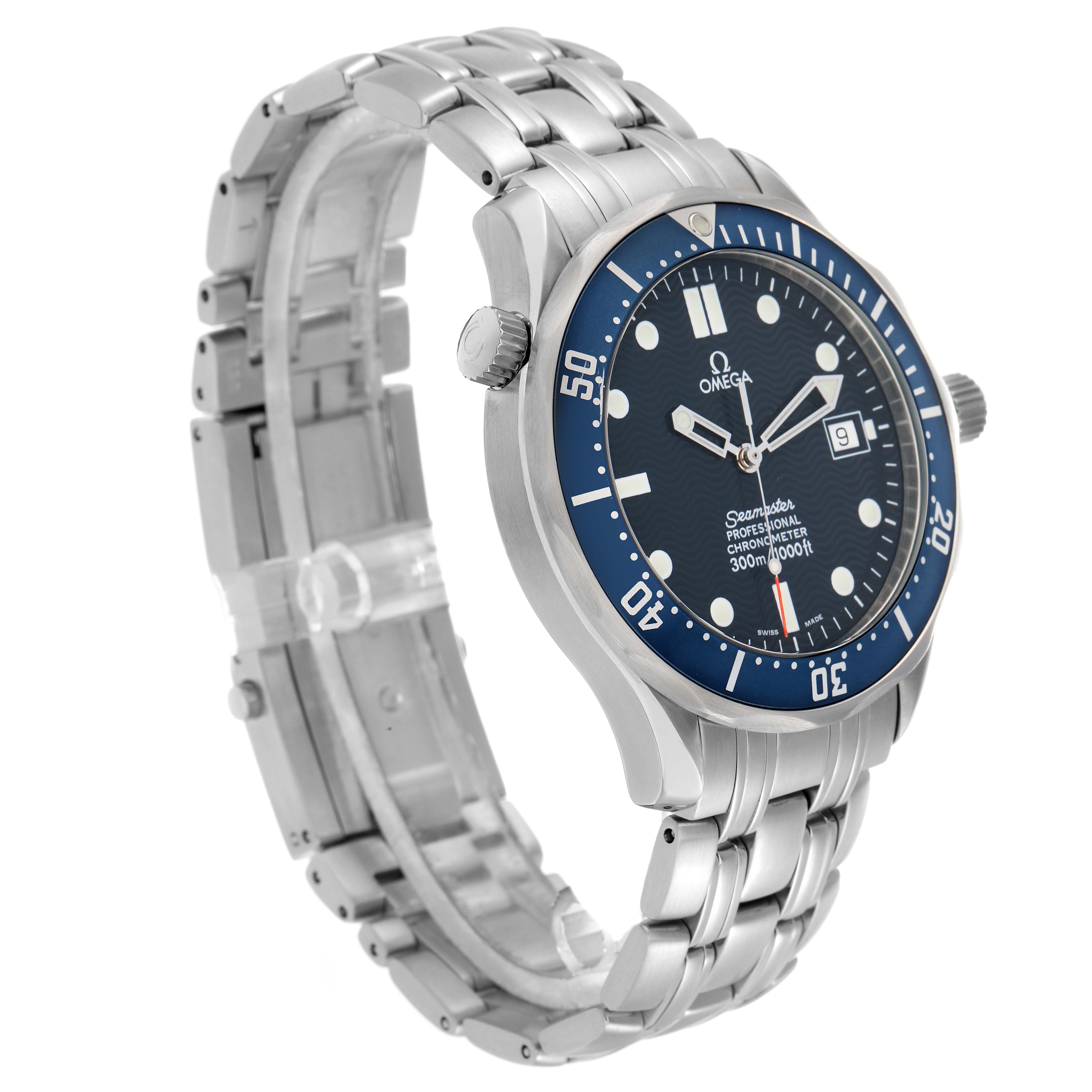 The Omega Seamaster 2531.80.00 Men
s Stainless Steel Blue Dial watch is shown at a three-quarter angle, highlighting the face, bezel, crown, and stainless steel bracelet.