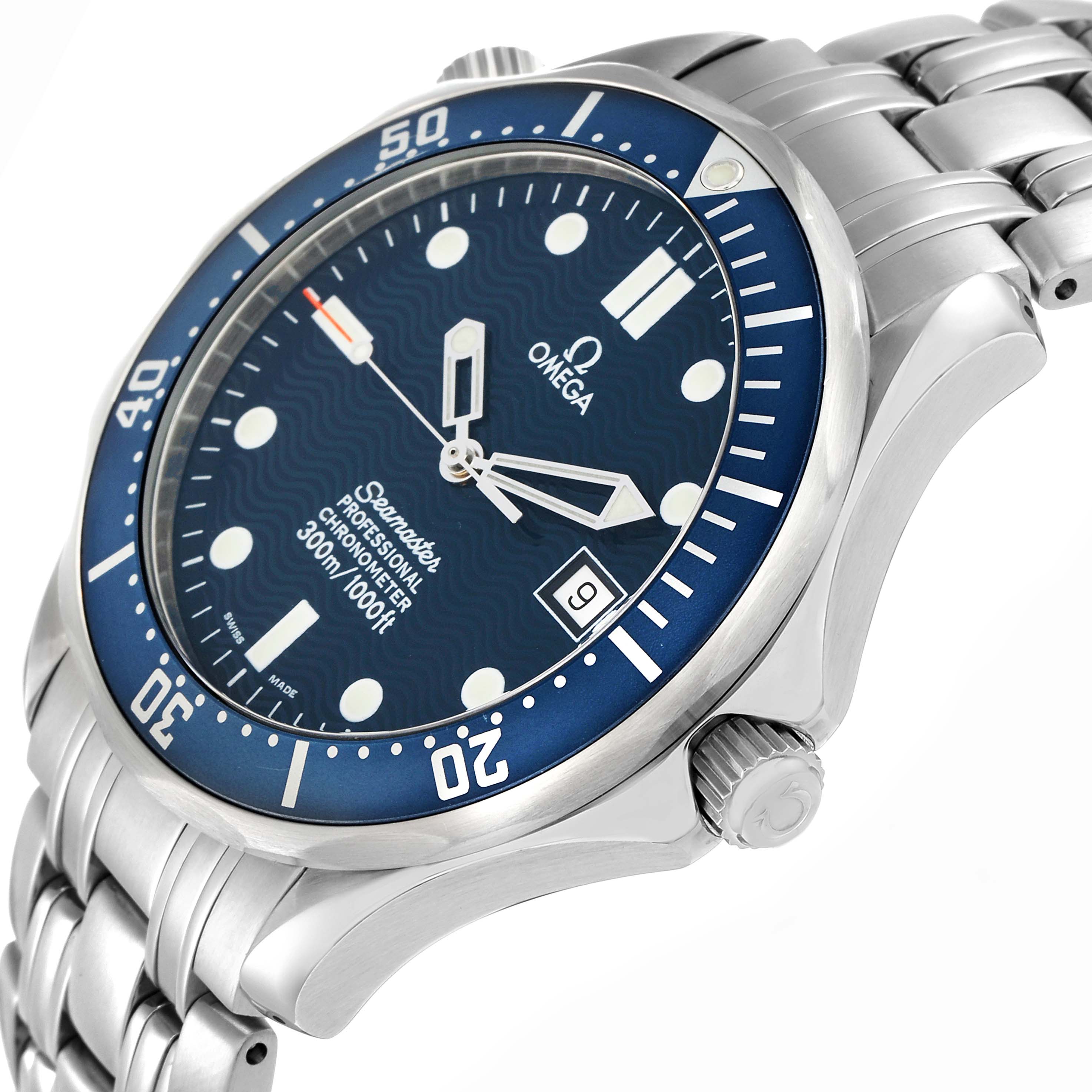 The Omega Seamaster 2531.80.00 Men
s Stainless Steel Blue Dial watch is shown at a three-quarter angle, highlighting the dial, bezel, and part of the bracelet.