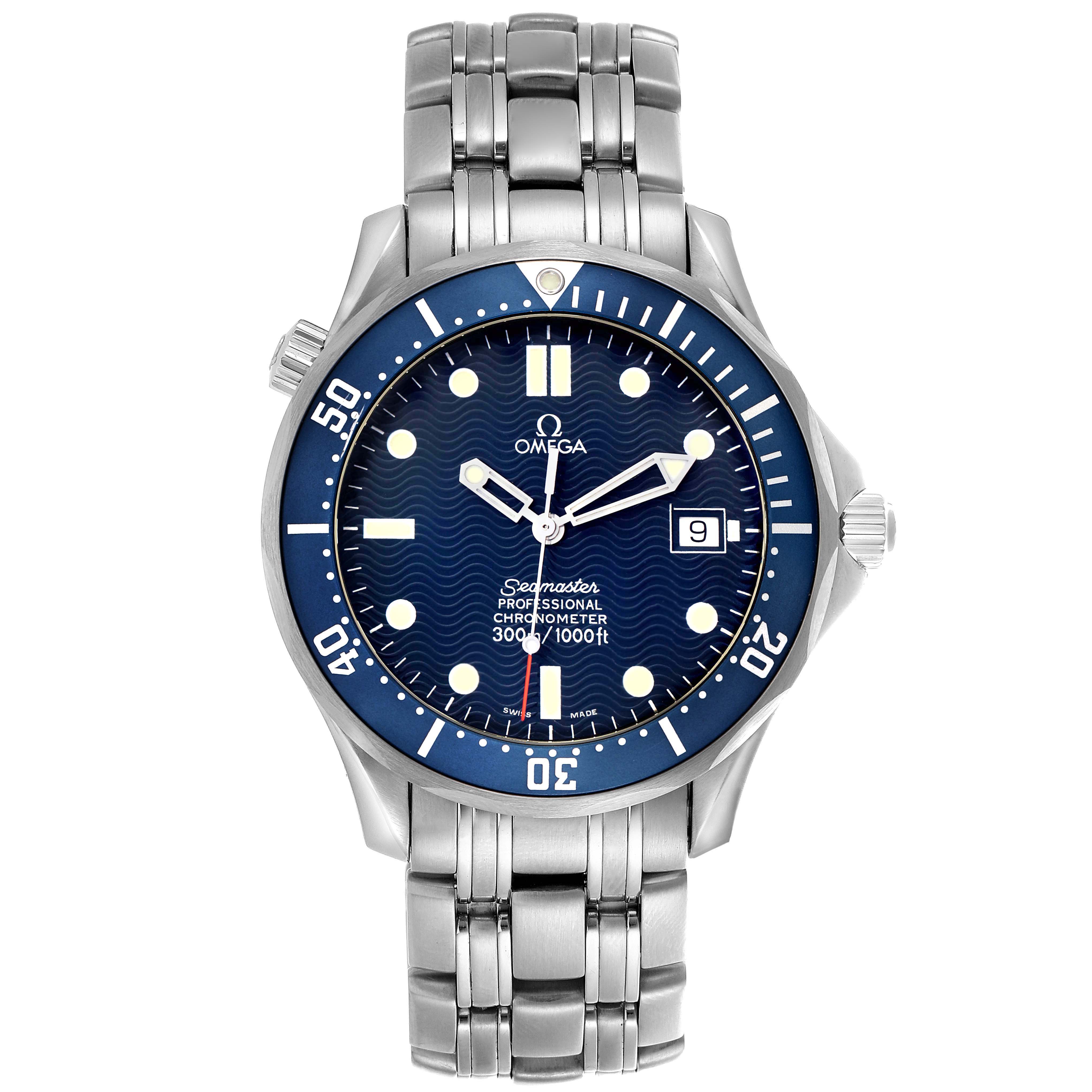 The Omega Seamaster 2531.80.00 Men
s Stainless Steel Blue Dial watch is shown from the front, displaying the dial, bezel, bracelet, and crown.