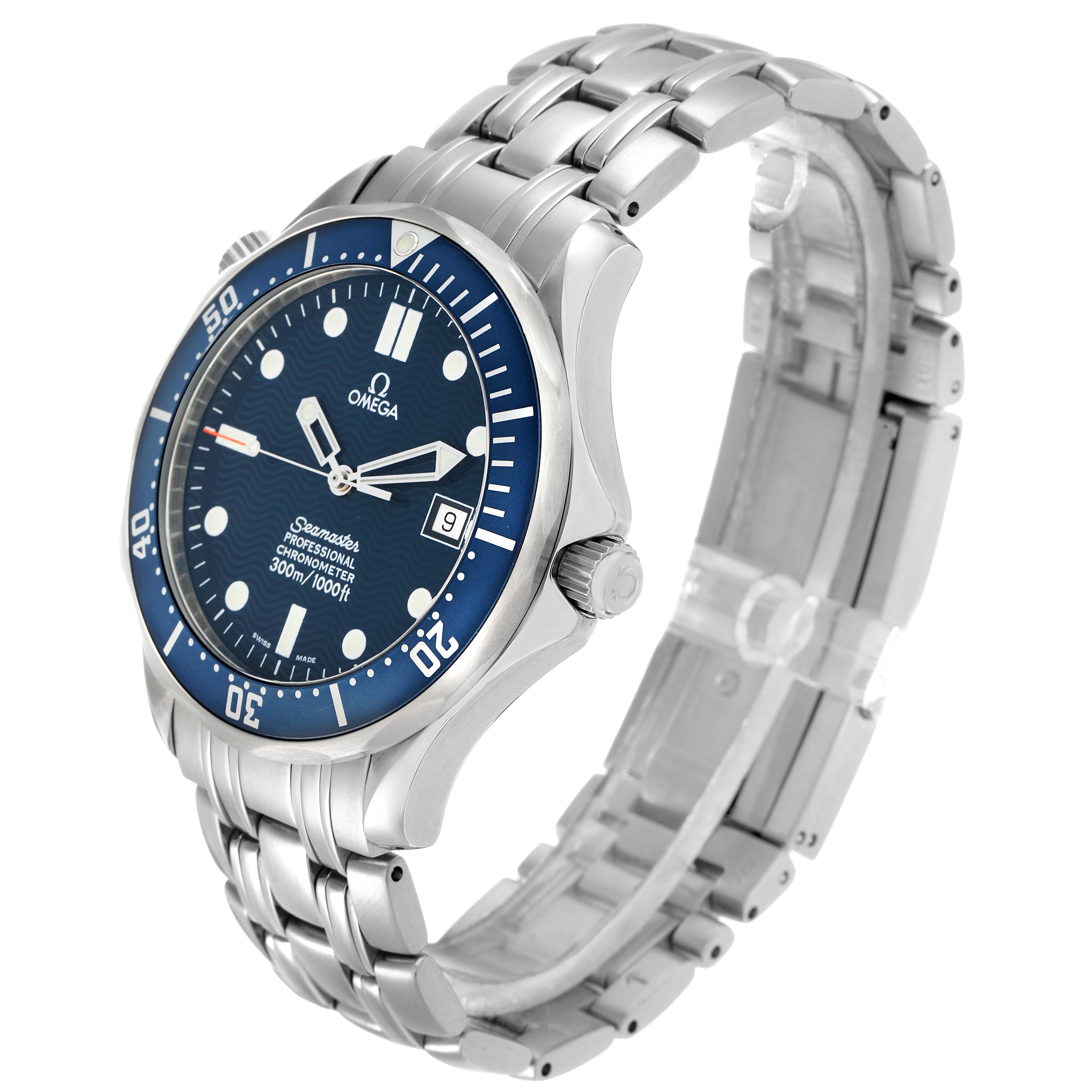 The Omega Seamaster 2531.80.00 Men
s Stainless Steel Blue Dial watch is shown at a three-quarter angle, displaying the face, bezel, crown, and bracelet.