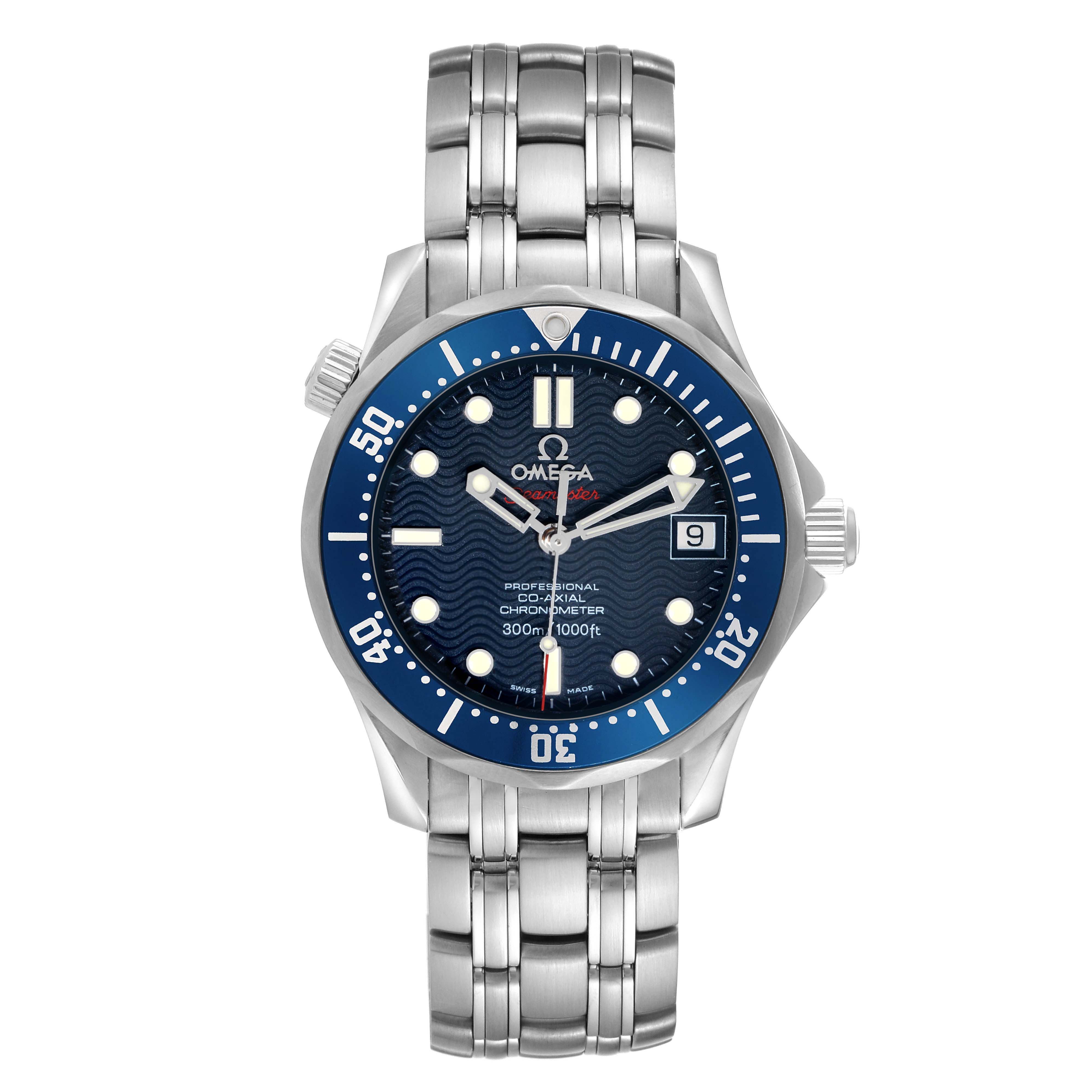 The Omega Seamaster 2222.80.00 Men
s Stainless Steel Blue Dial model is shown from a front view, displaying the bezel, dial, and bracelet.