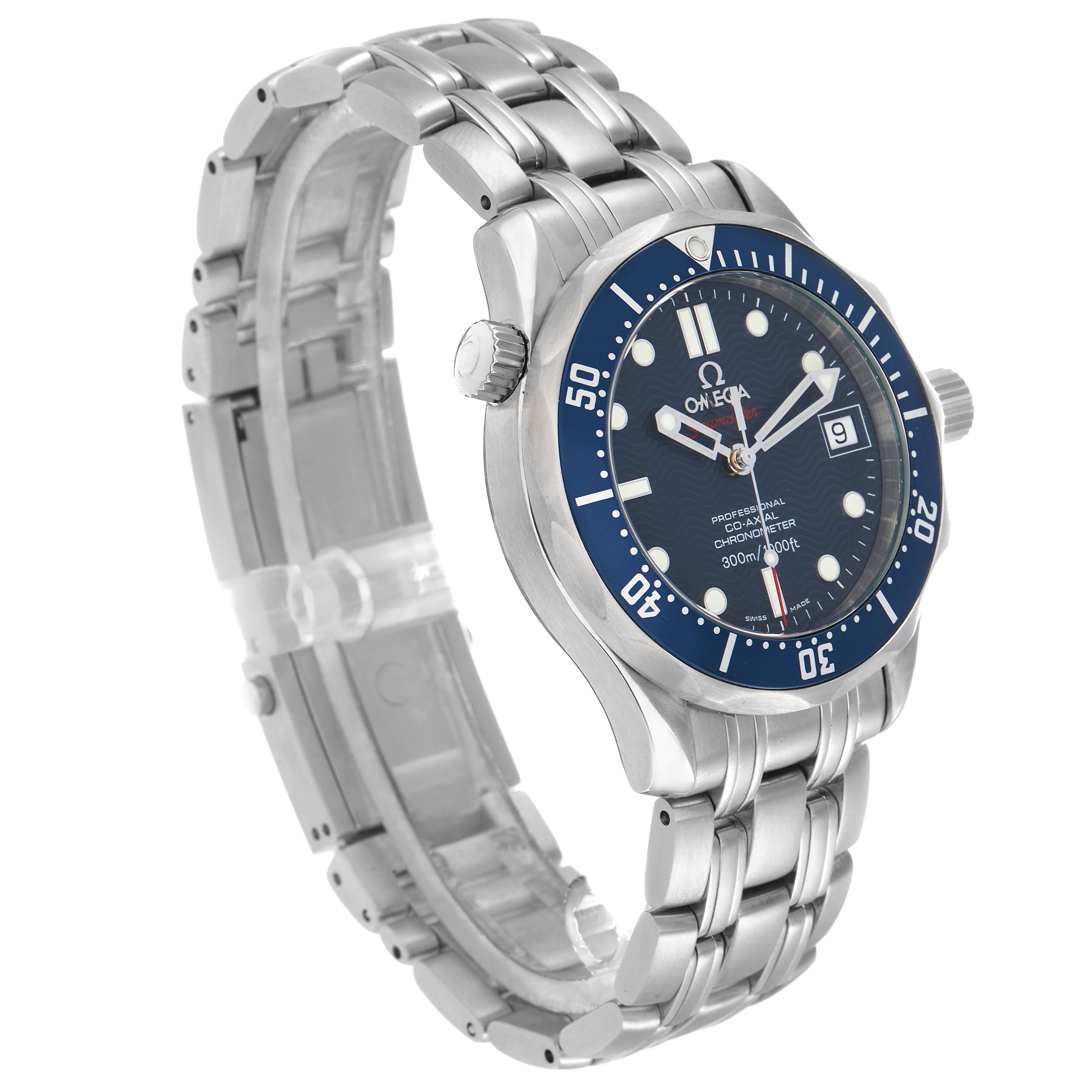 The Omega Seamaster 2222.80.00 Men
s Stainless Steel Blue Dial watch is shown at a three-quarter angle, displaying the bezel, crown, bracelet, and dial with date window.