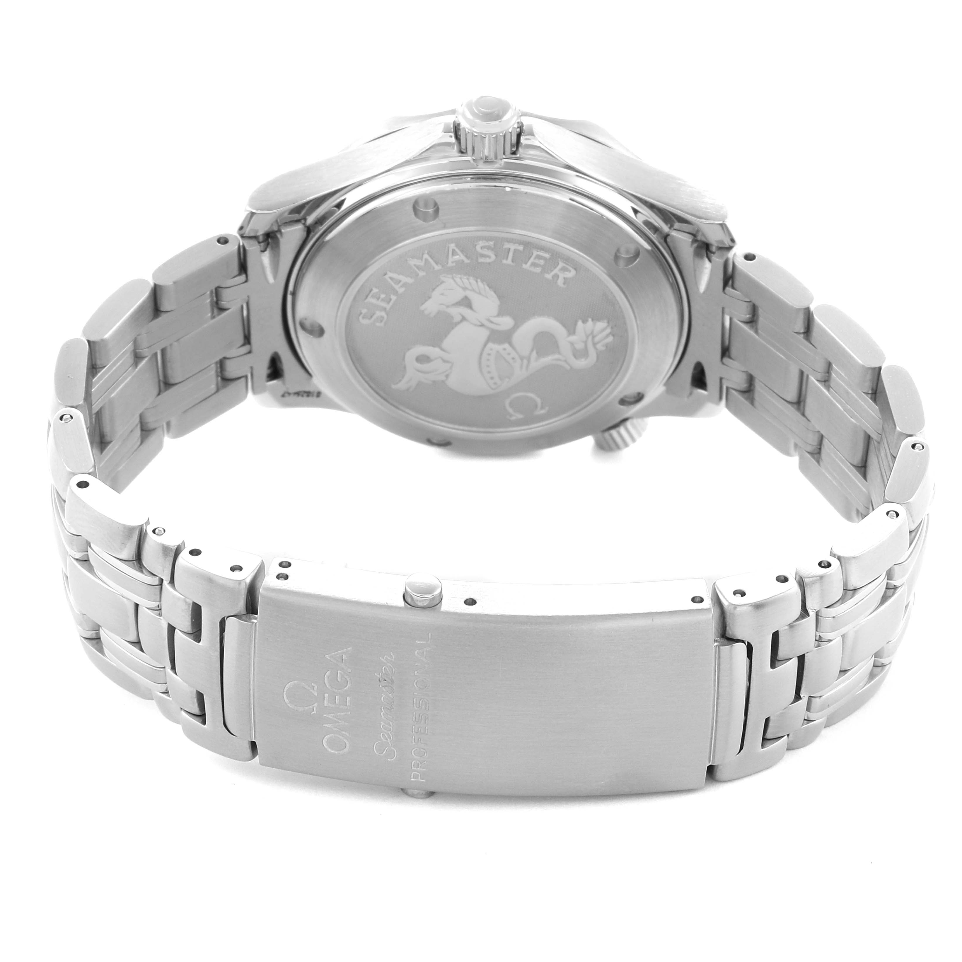 The image shows the back case and bracelet clasp of the Omega Seamaster 2222.80.00 Men
s Stainless Steel Blue Dial watch, highlighting the engraved logo and branding.