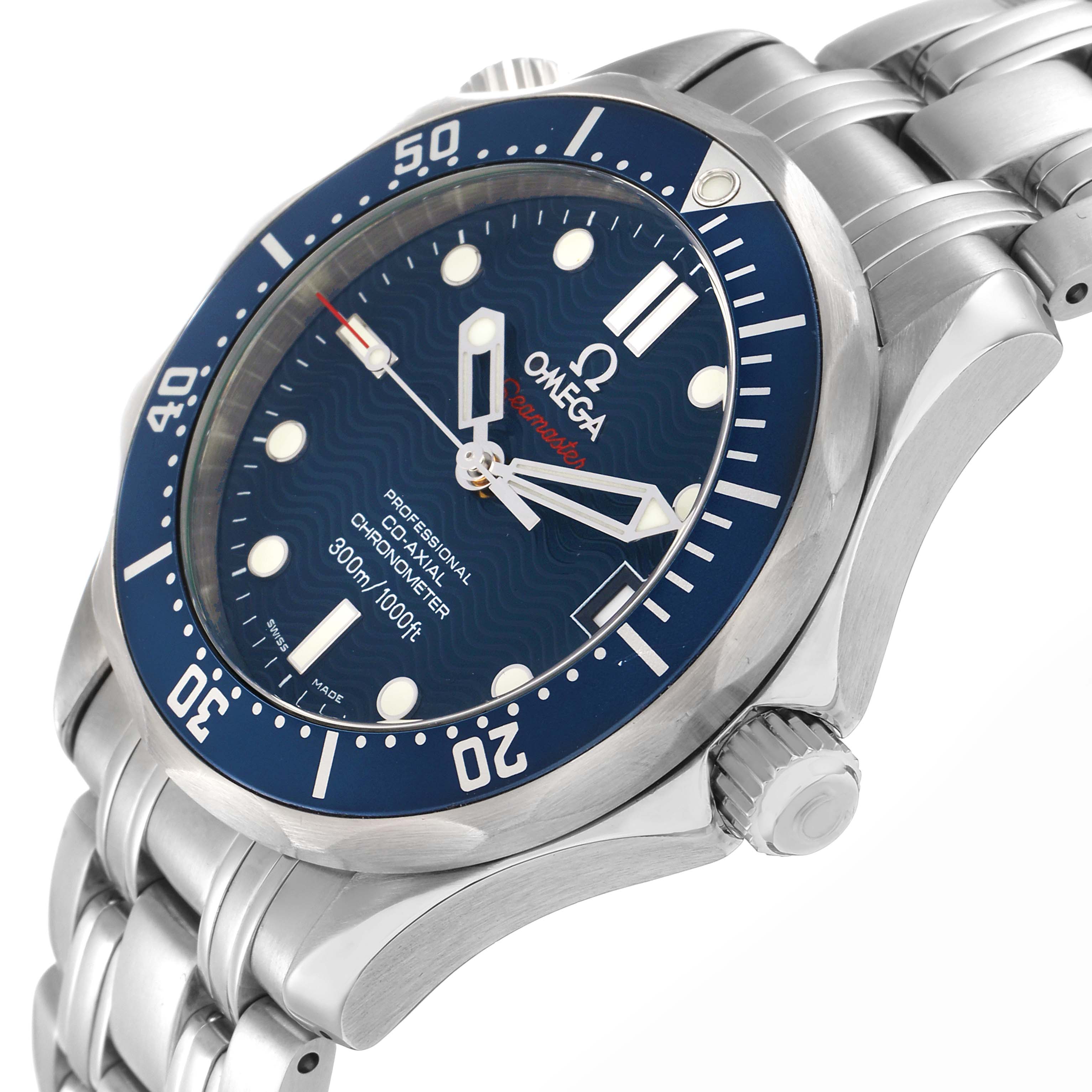 The Omega Seamaster 2222.80.00 Men
s Stainless Steel Blue Dial watch is shown at an angled side view, displaying the dial, crown, bezel, and part of the bracelet.