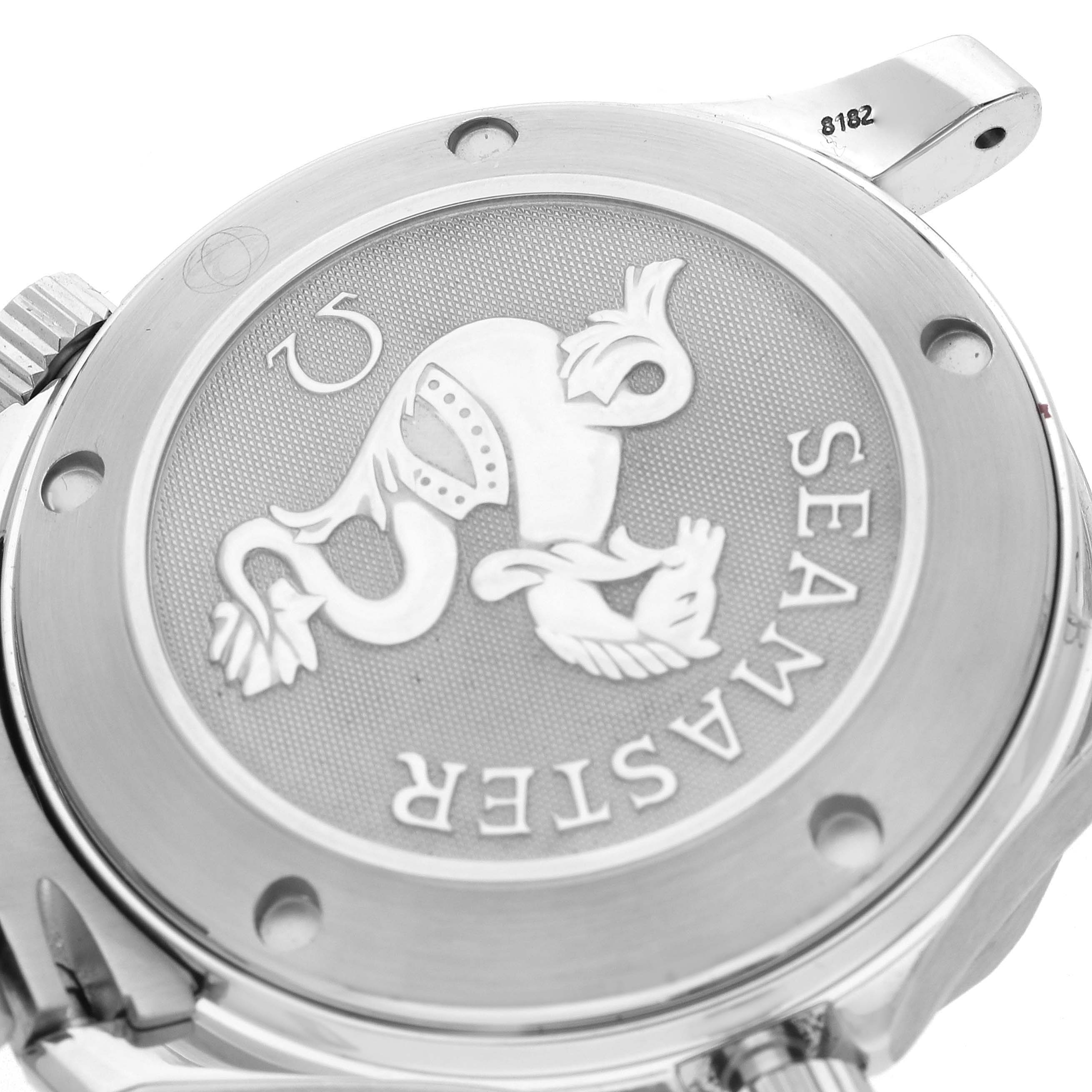 The image shows the case back of an Omega Seamaster 2222.80.00 Men
s Stainless Steel Blue Dial watch, featuring an embossed seahorse logo and engraved text.
