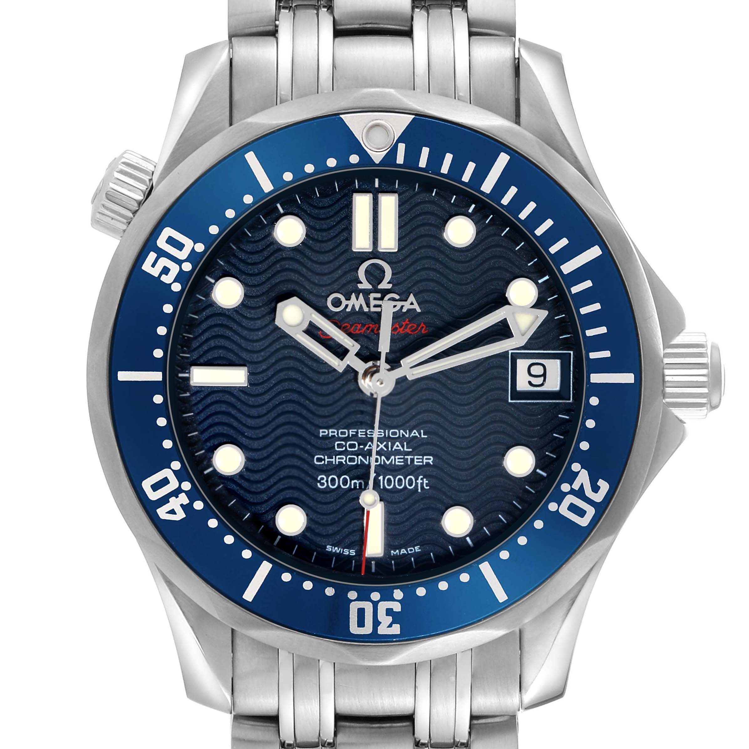 The Omega Seamaster 2222.80.00 Men
s Stainless Steel Blue Dial watch is shown from a front angle, highlighting the dial, bezel, and bracelet.