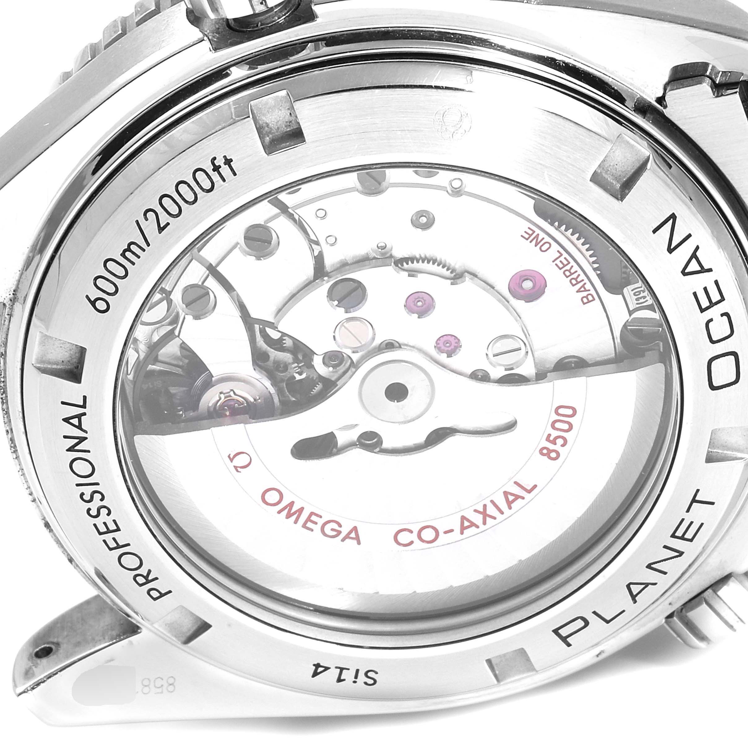 This image shows the back view of the Omega Planet Ocean 232.30.46.21.01.002 Men's Stainless Steel Black Dial 232.30.46.21.01.002 Men's Stainless Steel Black Dial watch, highlighting its mechanical movement and water resistance.