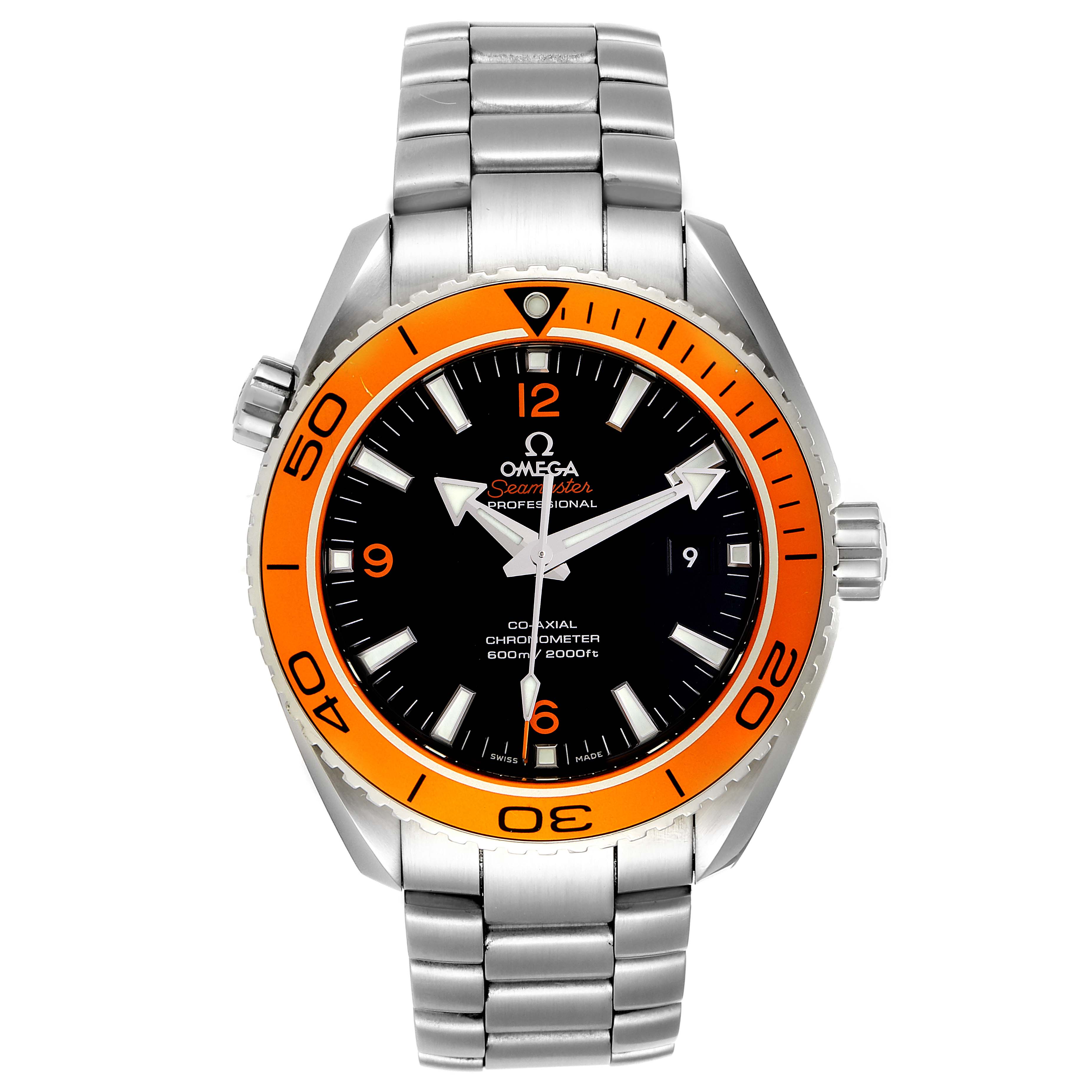 The Omega Planet Ocean 232.30.46.21.01.002 Men's Stainless Steel Black Dial 232.30.46.21.01.002 Men's Stainless Steel Black Dial watch is shown from the front, displaying its orange bezel, black dial, and metal bracelet.