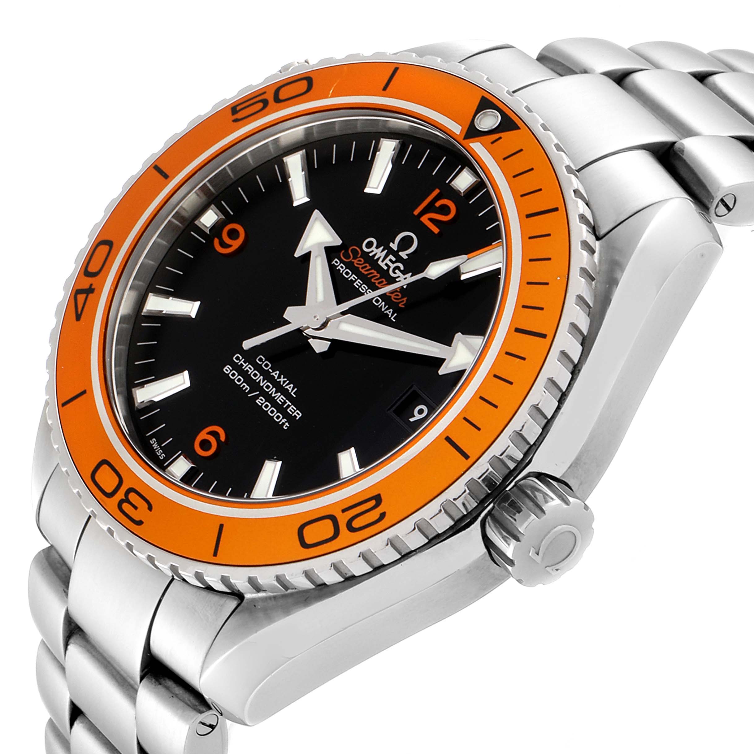 This image shows an angled view of the Omega Planet Ocean 232.30.46.21.01.002 Men's Stainless Steel Black Dial 232.30.46.21.01.002 Men's Stainless Steel Black Dial watch, highlighting the bezel, dial, crown, and bracelet.