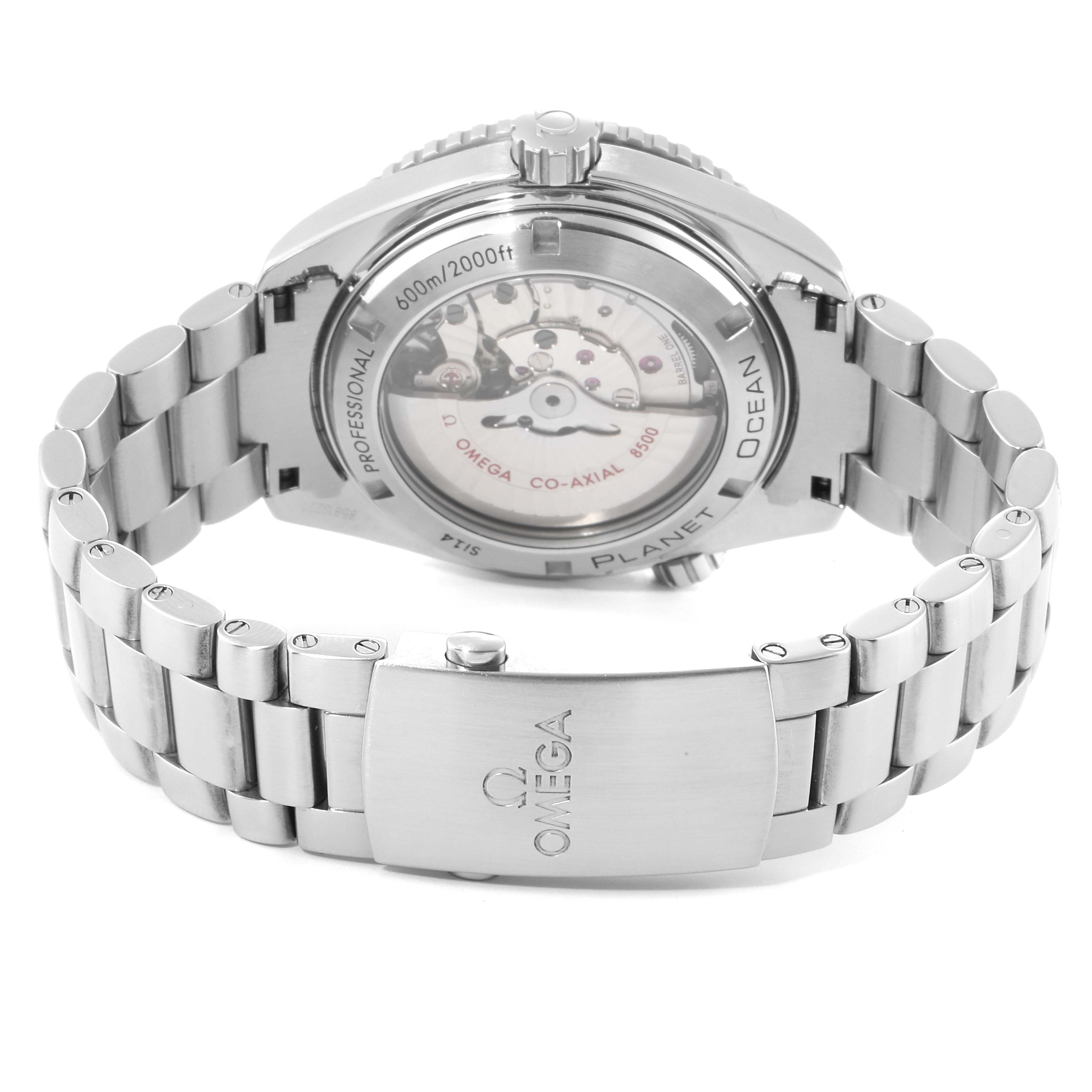 This image shows the back of the Omega Planet Ocean 232.30.46.21.01.002 Men's Stainless Steel Black Dial 232.30.46.21.01.002 Men's Stainless Steel Black Dial watch, highlighting its bracelet, clasp, and visible movement through the case back.