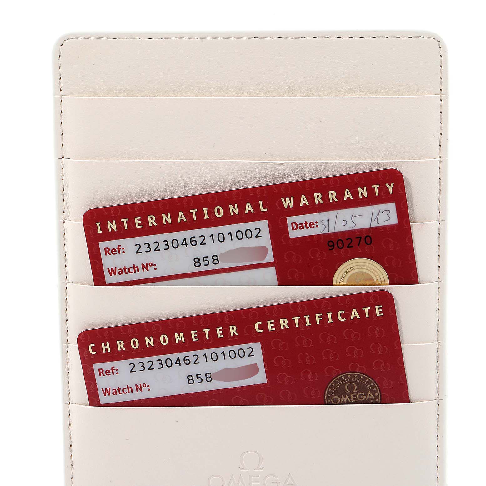 The image shows warranty and chronometer certificate cards for an Omega Planet Ocean 232.30.46.21.01.002 Men's Stainless Steel Black Dial 232.30.46.21.01.002 Men's Stainless Steel Black Dial watch, placed in a white cardholder.