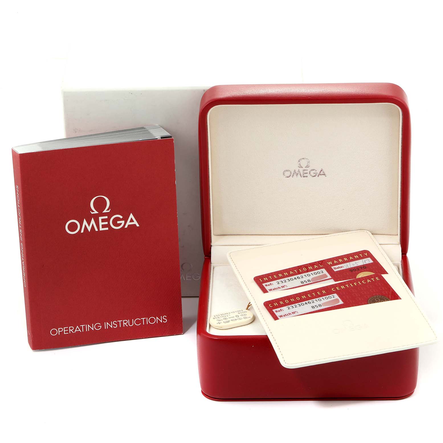 This image shows the Omega Planet Ocean 232.30.46.21.01.002 Men's Stainless Steel Black Dial 232.30.46.21.01.002 Men's Stainless Steel Black Dial watch box, warranty cards, and operating instructions from a frontal angle.