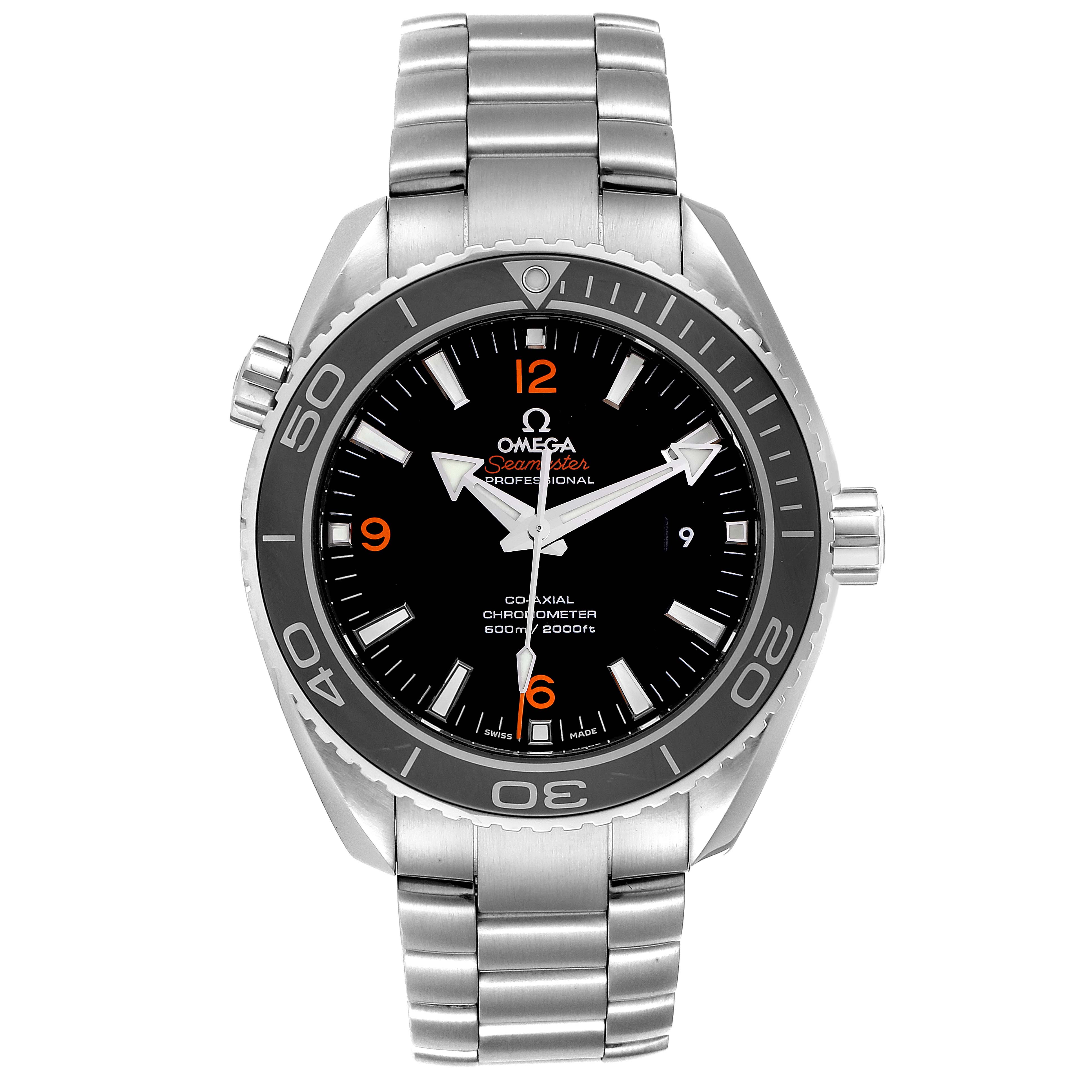 The Omega Seamaster 232.30.46.21.01.003 Men's Stainless Steel Black Dial 232.30.46.21.01.003 Men's Stainless Steel Black Dial watch is shown from the front, displaying the dial, bezel, strap, and crown.