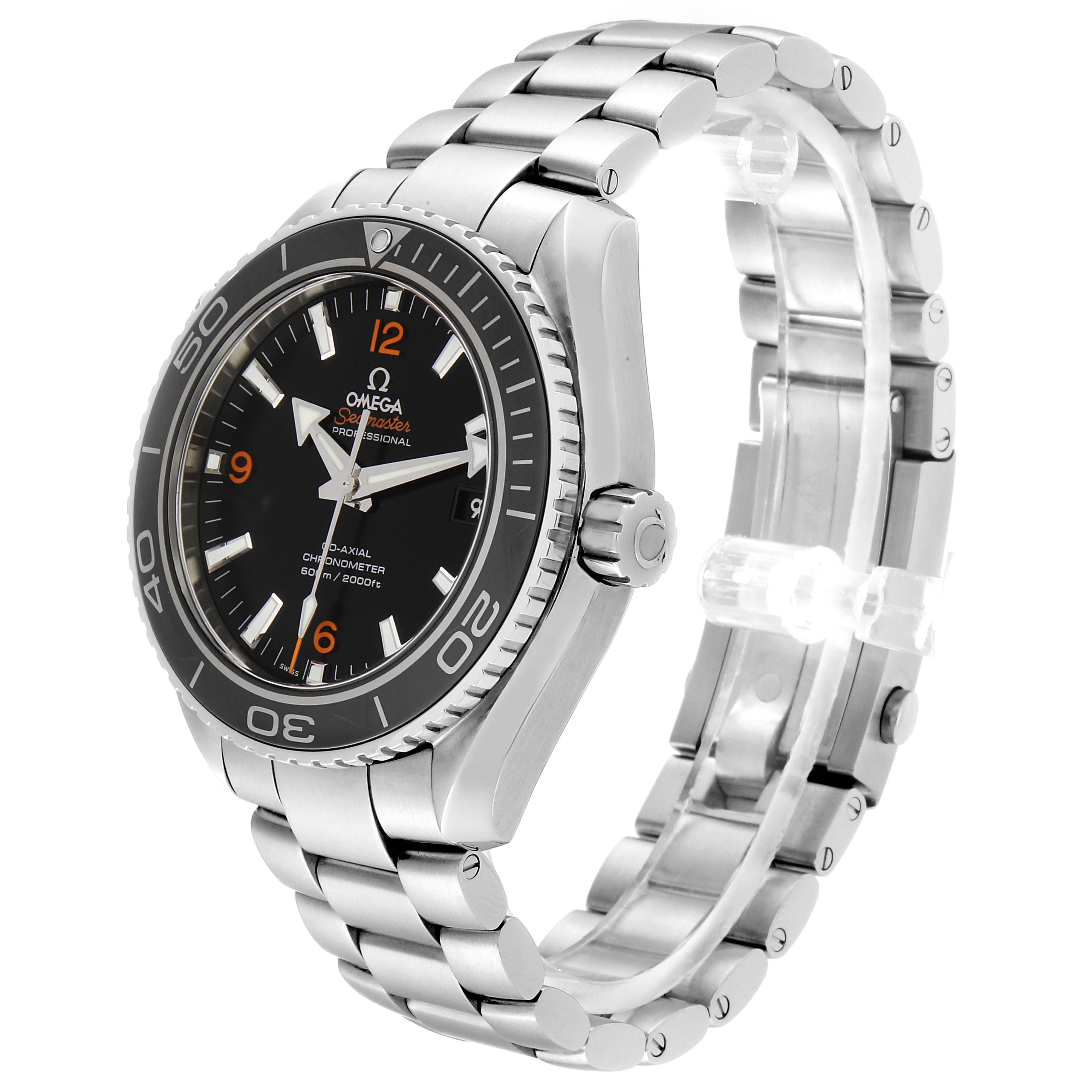 The Omega Seamaster 232.30.46.21.01.003 Men's Stainless Steel Black Dial 232.30.46.21.01.003 Men's Stainless Steel Black Dial watch is shown at a left-front angle, highlighting the dial, bezel, crown, and part of the stainless steel bracelet.