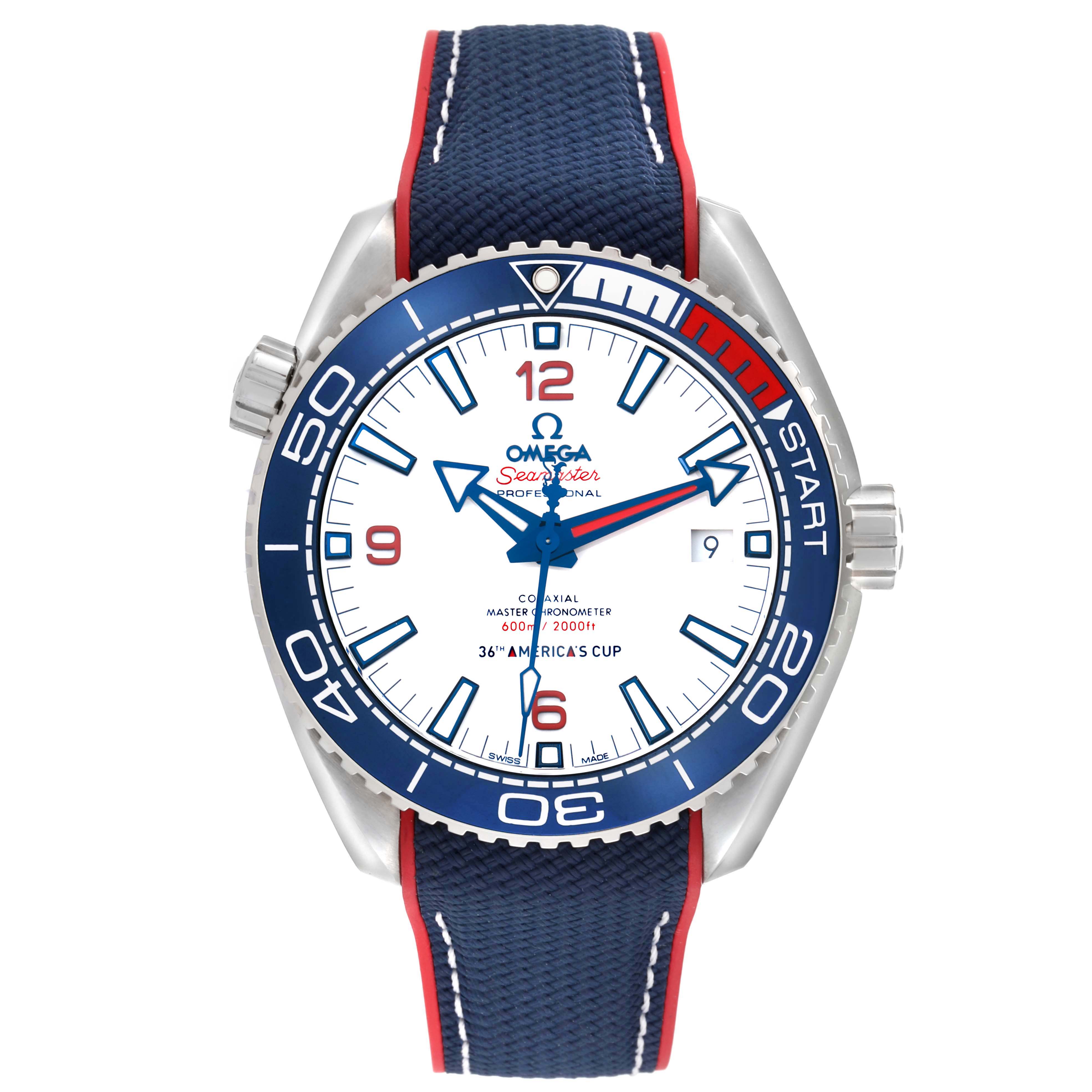 The Omega Planet Ocean 215.32.43.21.04.001 Men
s Stainless Steel White Dial watch is shown from the front, displaying its dial, bezel, crown, and strap.