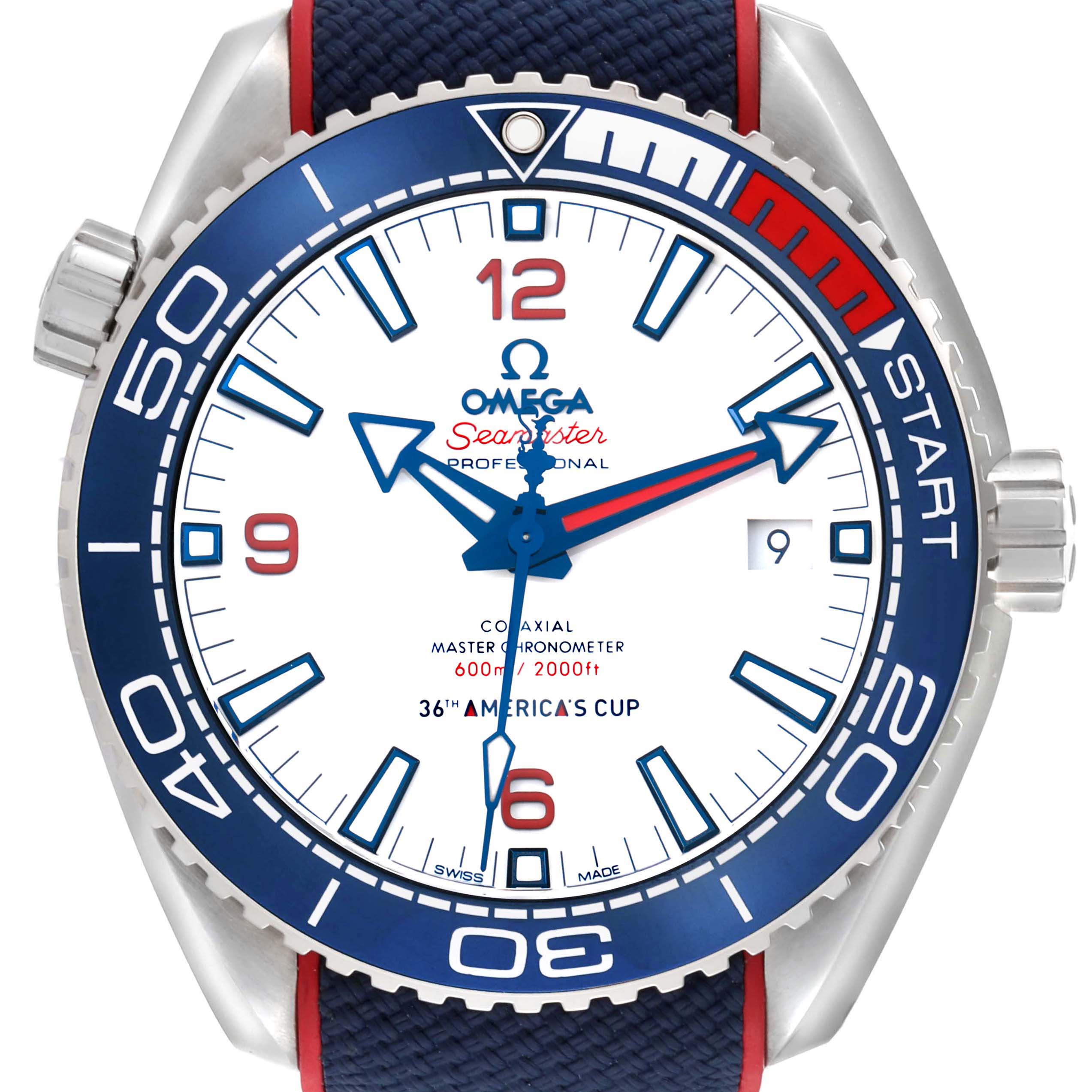 The Omega Planet Ocean 215.32.43.21.04.001 Men
s Stainless Steel White Dial watch is shown from the front, highlighting its bezel, dial, hands, and crown on the right.