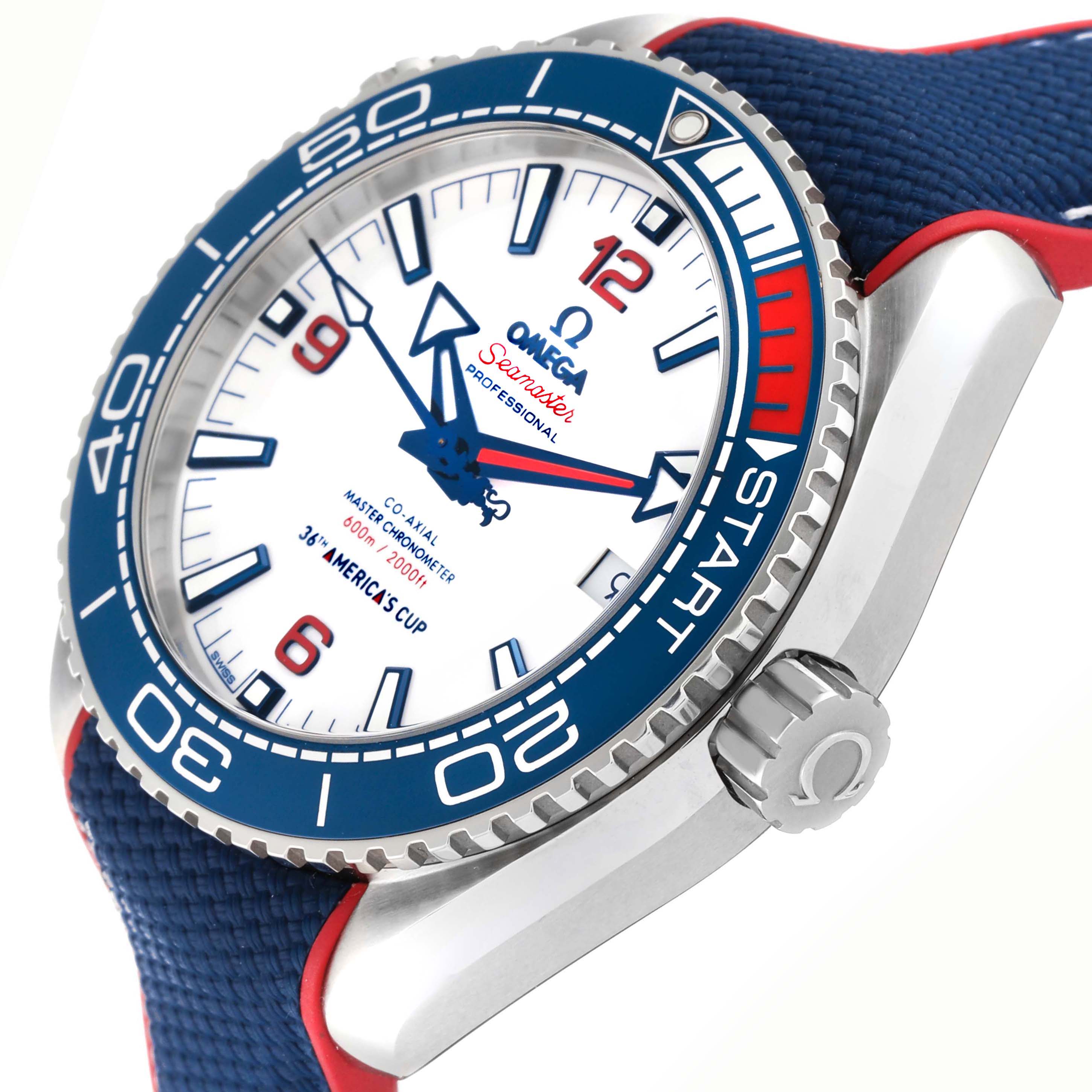 The Omega Planet Ocean 215.32.43.21.04.001 Men
s Stainless Steel White Dial watch is shown at an angled side view, highlighting the blue bezel, crown, and blue strap with red accents.