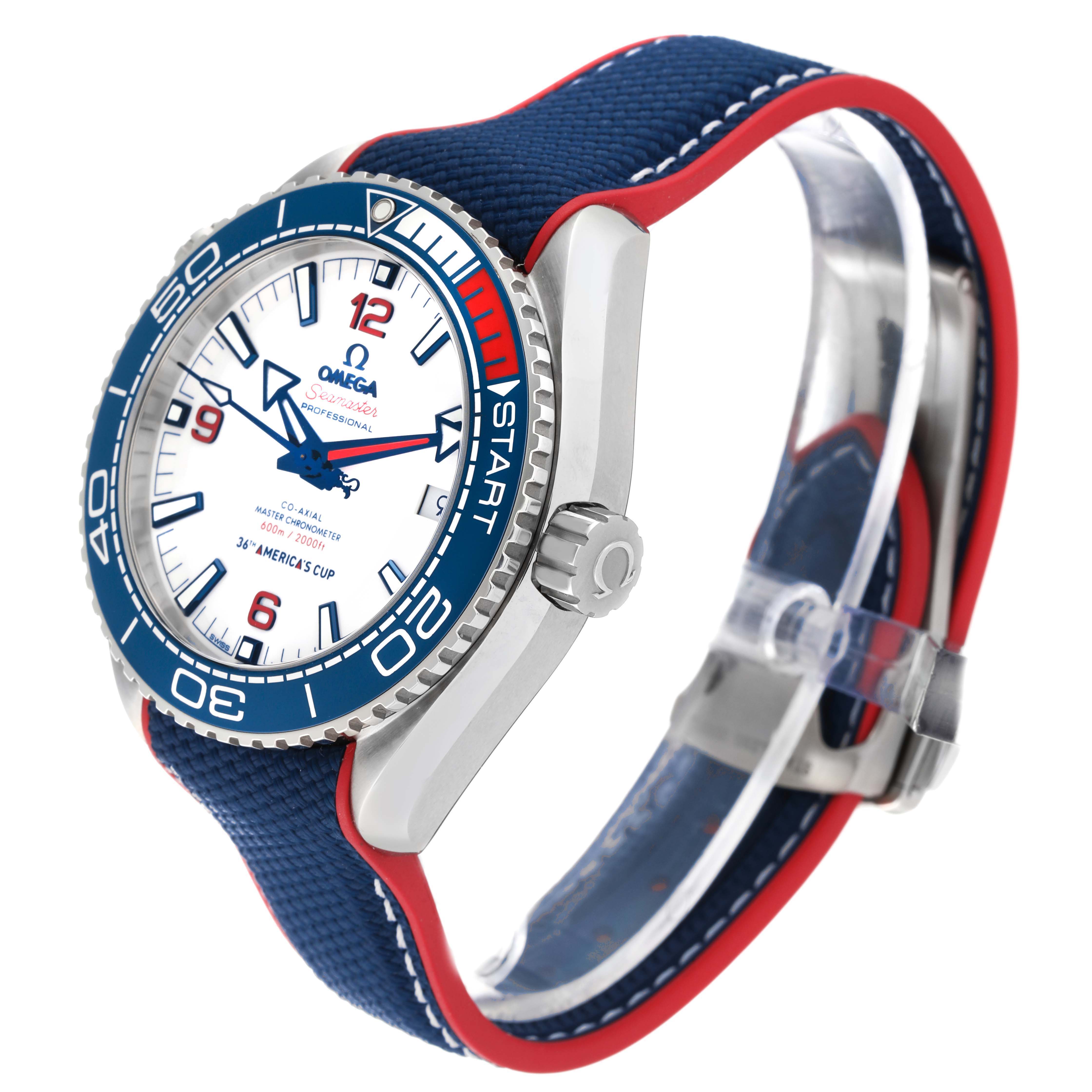 The Omega Planet Ocean 215.32.43.21.04.001 Men
s Stainless Steel White Dial watch is shown at an angled side view, highlighting its bezel, crown, and band.