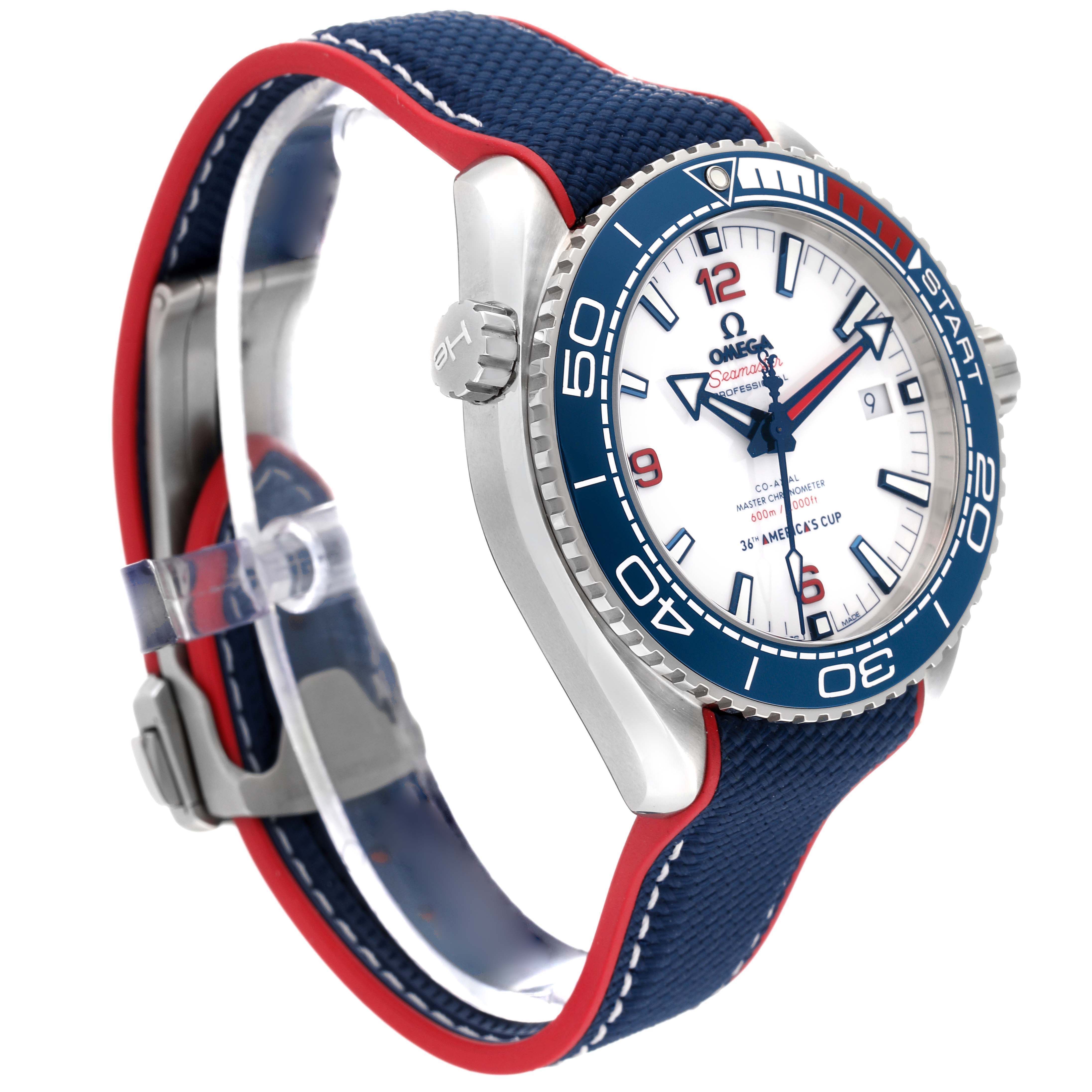 The Omega Planet Ocean 215.32.43.21.04.001 Men
s Stainless Steel White Dial watch is shown at an angled side view, highlighting the bezel, dial, crown, and strap.