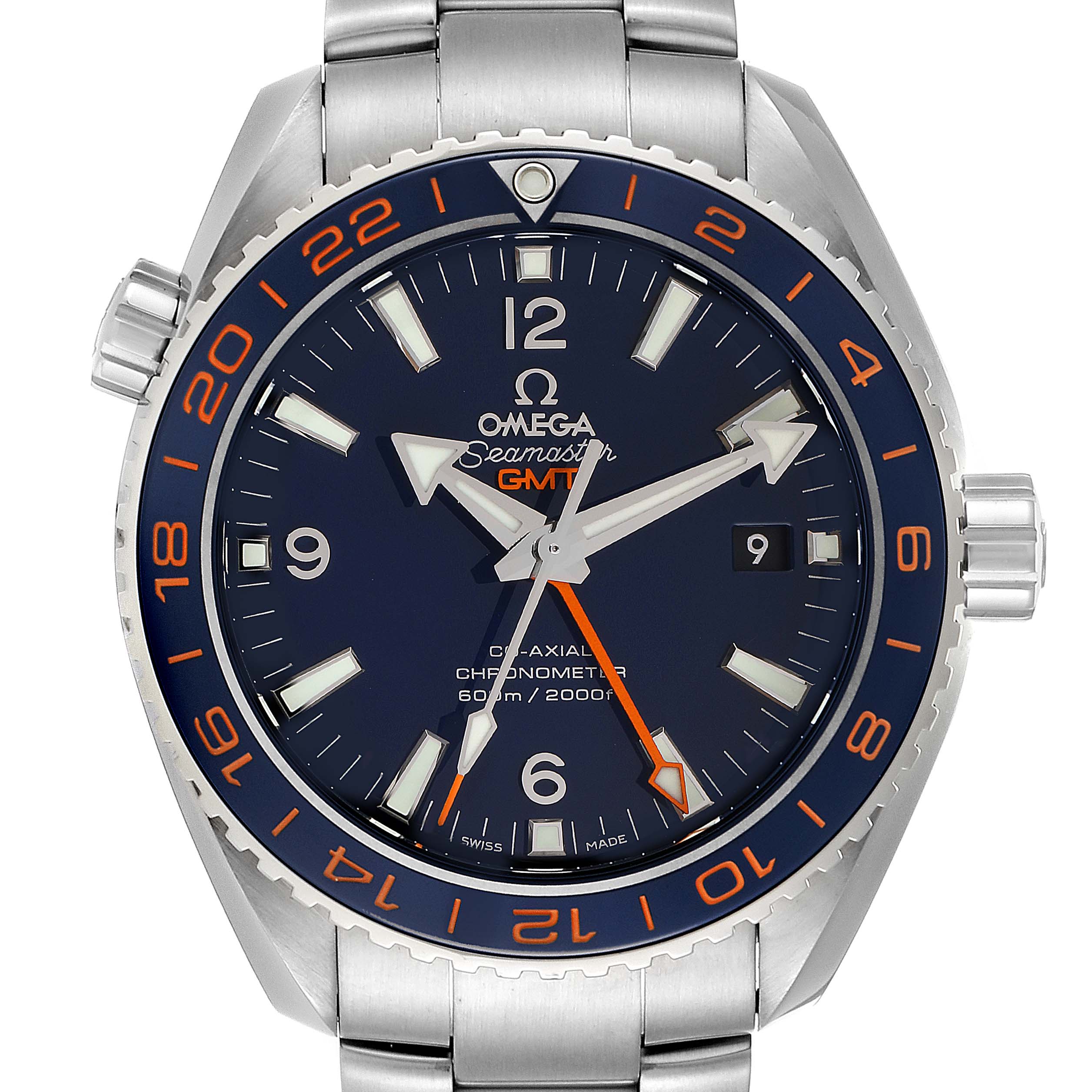 The image shows a frontal view of the Omega Planet Ocean 232.30.44.22.03.001 Men's Stainless Steel Blue Dial 232.30.44.22.03.001 Men's Stainless Steel Blue Dial GMT watch, displaying the dial, bezel, and bracelet.