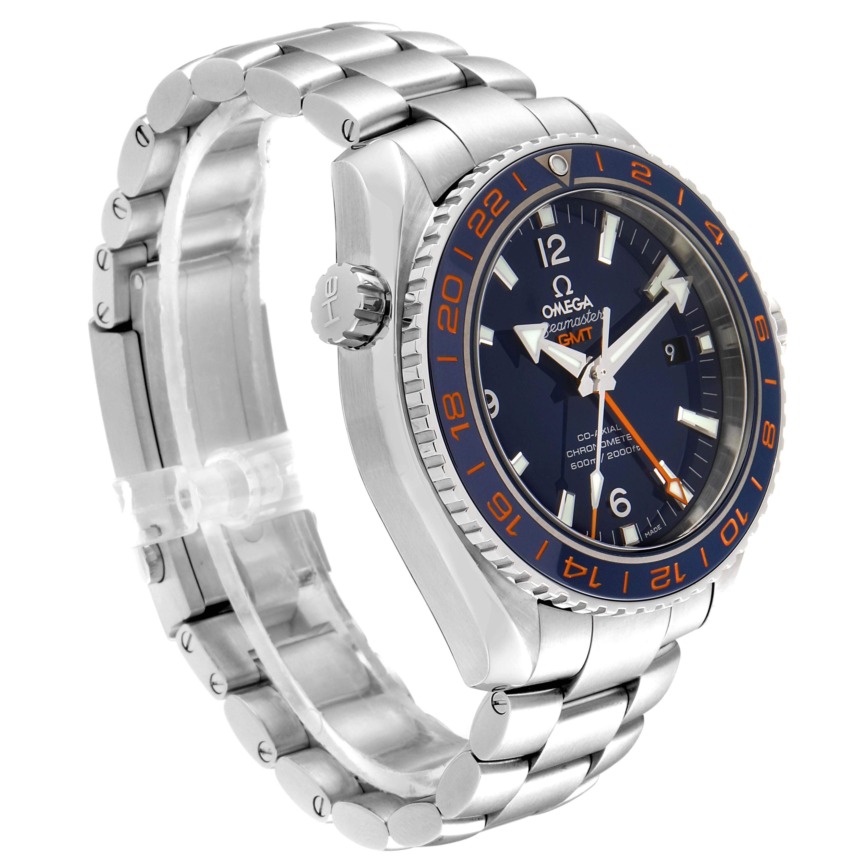 The Omega Planet Ocean 232.30.44.22.03.001 Men's Stainless Steel Blue Dial 232.30.44.22.03.001 Men's Stainless Steel Blue Dial watch is shown at a three-quarter angle, displaying the face, bezel, crown, and metal bracelet.