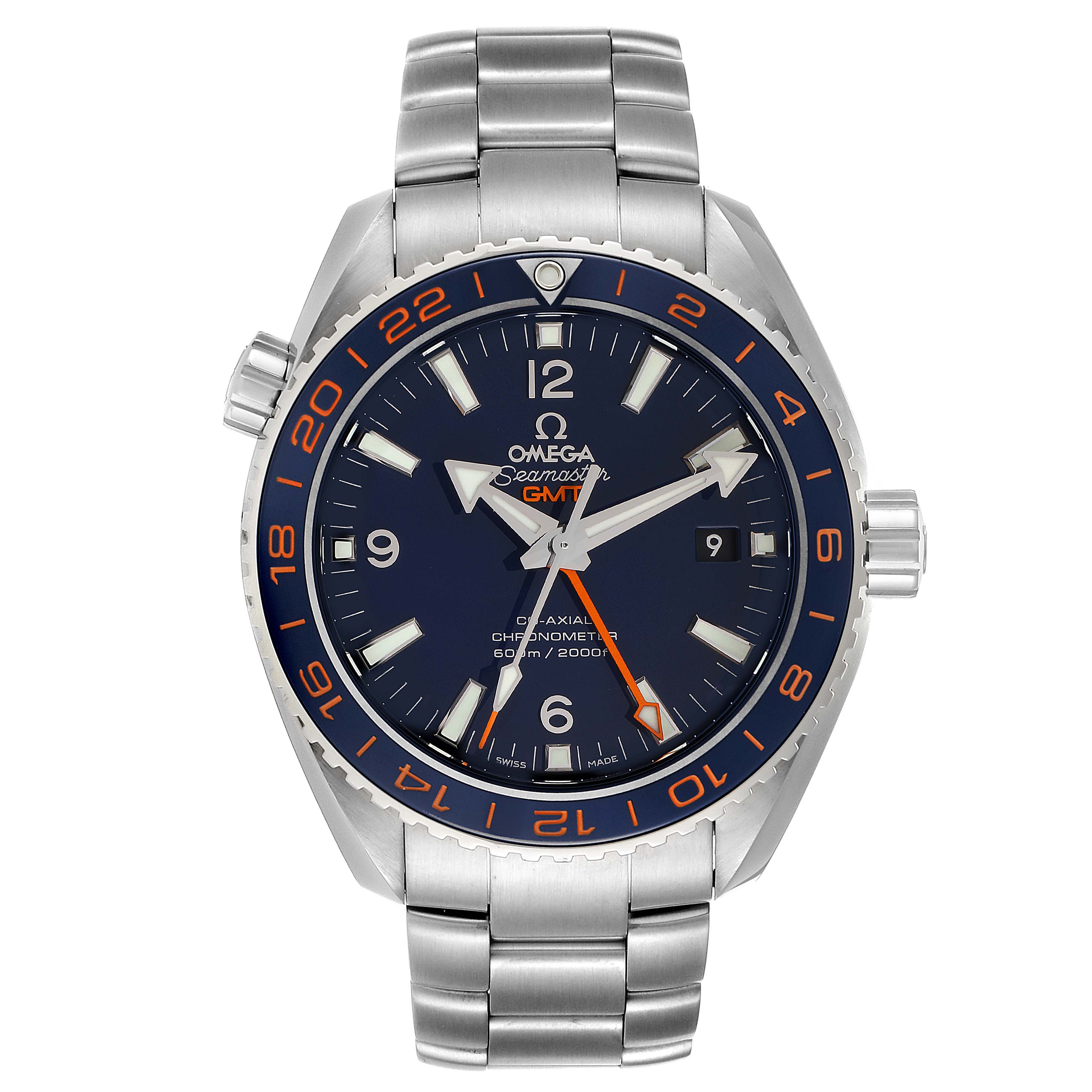 The image shows a front view of the Omega Planet Ocean 232.30.44.22.03.001 Men's Stainless Steel Blue Dial 232.30.44.22.03.001 Men's Stainless Steel Blue Dial GMT watch, highlighting the dial, bezel, and stainless steel bracelet.